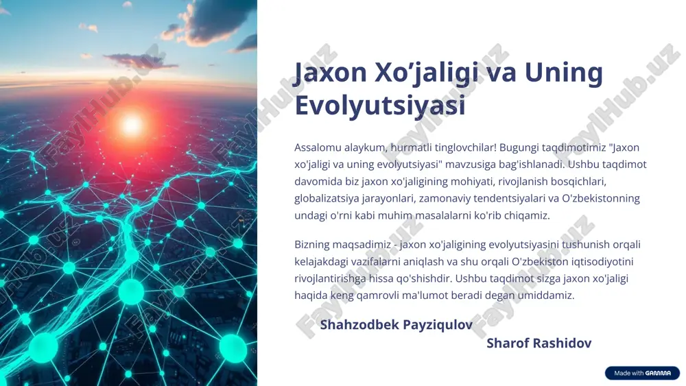 a boshladilar. bu esa mintaqalar o'rtasida savdo aloqalarining o'rnatilishiga olib keldi. agrar davr jaxon xo'jaligining asosini yaratdi va kelgusi rivojlanish bosqichlari uchun zamin hozirladi. bu davrda iqtisodiy aloqalar asosan qishloq xo'jaligi mahsulotlari bilan cheklangan edi. 4 industrial inqilob va uning jaxon xo'jaligiga ta'siri fabrikalarning paydo bo'lishi transportning rivojlanishi xalqaro savdoning o'sishi industrial inqilob jaxon xo'jaligida tub o'zgarishlar yasadi. fabrikalarning paydo bo'lishi, transportning rivojlanishi va xalqaro savdoning o'sishi jaxon xo'jaligining yangi bosqichga ko'tarilishiga olib keldi. mashinalar yordamida ishlab chiqarishning kengayishi, yangi texnologiyalarning joriy etilishi va transport infratuzilmasining yaxshilanishi tovarlar va xizmatlarning xalqaro miqyosda harakatlanishini tezlashtirdi. 5 globalizatsiya jarayonlari va ularning roli aloqa vositalarining rivojlanishi internet va mobil aloqa global aloqalarni osonlashtirdi. moliyaviy integratsiya xalqaro kapital harakati kuchaydi. siyosiy hamkorlik davlatlar o'rtasida siyosiy va iqtisodiy hamkorlik rivojlandi. globalizatsiya - bu mamlakatlar o'rtasidagi iqtisodiy, siyosiy va madaniy aloqalarning kuchayishi jarayonidir. globalizatsiya jaxon xo'jaligida muhim rol o'ynaydi, chunki u xalqaro savdoni rag'batlantiradi, investitsiyalarni jalb …