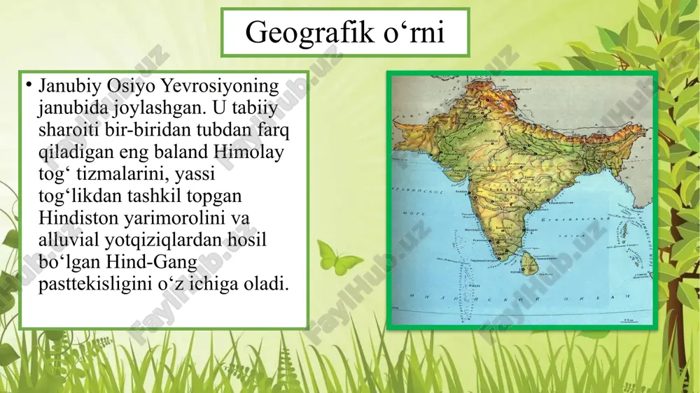 ida iqlim qurg‘oqchil, yomg‘ir juda kam yog‘adi. hatto bu yerdagi tar cho‘lida yiliga 100 — 150 mm yog‘in yog‘adi hind-gang pasttekisligida musson iqlimli o‘rmonlar kam uchraydi. gang va braxmaputra deltasida qalin mangrazorlar va doimiy yashil o‘rmonlar bor. g‘arbiy qismida sho‘rxok va qumli cho‘llar mavjud. mangrazor hindiston yarimoroli hindiston yarimorolining asosi eng qadimgi hind platformasidan iborat. yer yuzasining katta qismi qadimgi kristall jinslardan tuzilgan. qazilma boyliklardan temir va marganes rudalari, oltin, olmos, grafit, ko‘mir va neft konlari bor. eng baland joyi yarimorolning janubida joylashgan anaymudi tog‘idir (2 698 m). yarimorolning g‘arbida dengiz qirg‘og‘i bo‘ylab katta masofaga cho‘zilgan g‘arbiy gatt tog‘lari va sharqida sharqiy gatt tog‘lari mavjud. hindiston yarimorolining iqlimi subekvatorial musson iqlim.yanvarning o‘rtacha harorati +26 °c, iyun oyida +40 °c dan oshadi. g‘arbiy gatt tog‘larida doimiy yashil nam tropik o‘rmonlar,markazida savanna o‘rmonlari va savannalar, daryo deltalarida mangra o‘rmonlari tarqalgan. g‘arbiy gatt tog‘lari image1.jpg image2.jpg image3.jpg image4.jpg image5.png image6.jpg image7.jpg image8.jpg image9.jpg …