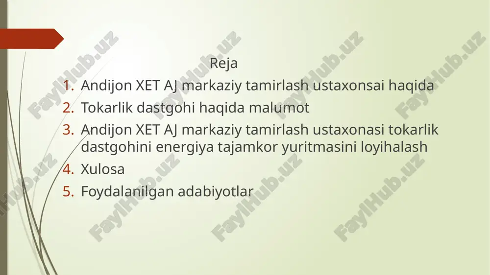 ishlov berish), teshiklarni yoʻnib kengaytirish, plashka hamda metchiklar bilan rezba ochish, bir-biriga ishqalab moslash mumkin. asosiy harakatni zagotovka (xomaki detal), qoʻshimcha harakatni kesuvchi asbob — keskich bajaradi. zagotovka povolokli, kulachokli, gidravlik yoki pnevmatik patron orqali stanok shpindelidan aylanadi; shpindel esa tezliklar qutisidan harakatlanadi. tokarlik stanogi oddiy, universal, raqamli dastur boʻyicha boshqariladigan avtomat va yarim avtomat turlarga xam boʻlinadi. oddiy va universal tokarlik stanogilar detallarni donalab va kichik seriyalab ishlab chiqarish.da, avtomat va yarim avtomat tokarlik stanogilar koʻplab (koʻp seriyalab) ishlab chiqarish.da qoʻllanadi. tokarlik stanogining asosiy qismlari: qirindi va sovituvchi suyuqlik toʻplanadigan togʻorasimon tub; stanina, support va ketingi babka (qoʻzgʻaluvchan) hamda ularni yoʻnaltirgich; shpindel va tezliklar kutisi joilashgan qoʻzalmas old babka; uzatmalar qutisi; fartuk; support; karetka; koʻndalang salazkalar; keskich oʻrnatiladigan burilma qism; elekr dvigatel. karetka va koʻndalang salazkalar qoʻlda yoki avtomatik tarzda suriladi. 1m61 tokarlik dastgohini elektr sxemasi meni diplom ishim andijon xet aj markaziy tamirlash ustaxonasining tokarlik dastgohini elektr yuritmalarning …
