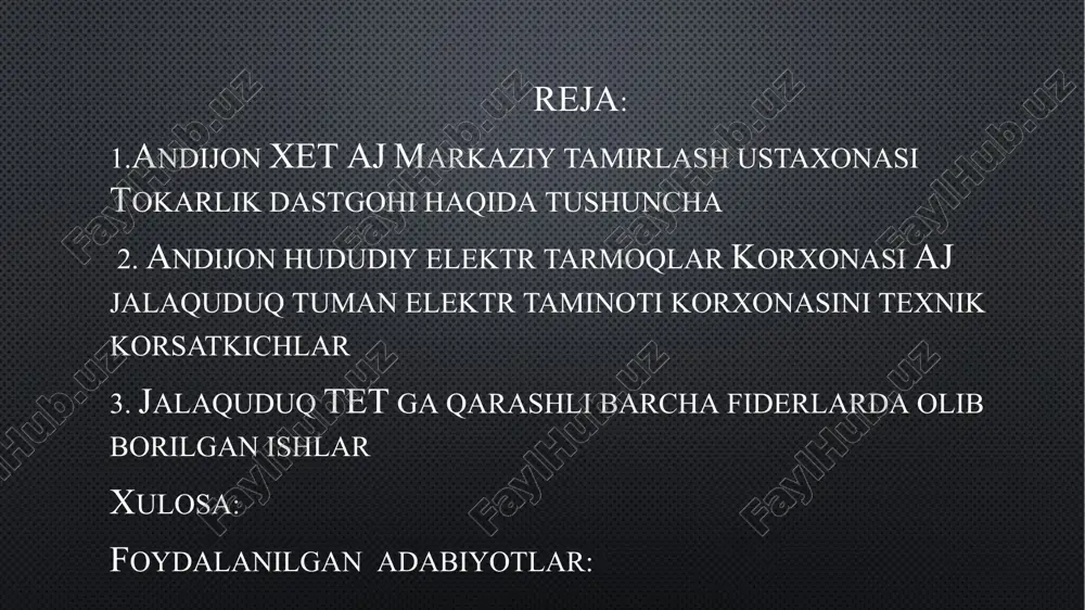 keskich oʻrnatiladigan burilma qism; elekr dvigatel. karetka va koʻndalang salazkalar qoʻlda yoki avtomatik tarzda suriladi. andijon xet aj markaziy tamirlash ustaxonasi tokarlik stanogini umumiy ko'rinishi 1.3 har bir korxona ishlab chiqarishda texnika xavfsizlik qoidalari hamda ximoya vositalari bo'lganidek bu elektr tarmoqlar korxonasida ham ximoya vositalari qo'llaniladi ushbu himoya vositalarini har biriga inventar raqam hamda ishlatish muddati yozib yopishtirilgan holatda bo'ladi. ushbu korxonada ishlatilayotgan himoya vositalar nomi hamda invertar raqami va soni ushbu rasmdagi jadvalda keltirilgan. jalaquduq tet dagi himoya vositalari hamda ogohlantiruvchi belgilar 2 .andijon hududiy elektr tarmoqlar korxonasi aj jalaquduq tuman elektr taminoti korxonasini texnik korsatkichlari:110/35/10/6 kb li podstansiyalar soni: 7 dona o'rnatilgan quvvati : 64100 kba 110/35/10/6 kb li transformatorlar soni 3 dona 35/10/6 kb li transformatorlar soni: 4 dona 6/10-0,4 kb li tranformator punktlar tp soni: 452 dona shundan istemolchi balansida 177 dona 0,4 kb havo elektr tarmoqlari uzunligi : 740,88 km 0,4 kb kabel tarmoqlar uzunligi: …