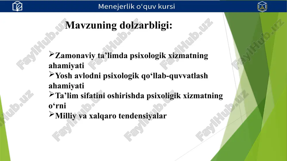 asida sog‘lom psixologik muhit yaratish, o‘quvchilarning shaxsiy, ijtimoiy va emotsional rivojlanishini qo‘llab-quvvatlash hamda ta’lim jarayonining samaradorligini oshirish maqsadida psixologik xizmatni takomillashtirish va rivojlantirish. vazifa o‘quvchilarni psixologik jihatdan qo‘llab-quvvatlash. o‘qituvchilar va ota-onalar bilan hamkorlik qilish. shaxsiy va ijtimoiy ko‘nikmalarni rivojlantirish. sog‘lom psixologik muhit yaratish. psixodiagnostika va maslahat xizmatlarini yo‘lga qo‘yish. xorijiy tajriba o‘zbekistonda fransiya aqsh yaponiya maktab psixologiyasi rivojlanish bosqichida, lekin tizimli modellarga hali o‘tilmagan. kadrlar tayyorlashda va amaliyotda sezilarli muammolar mavjud. rased orqali strukturaviy va samarali psixologik yordam bilan tanilgan. maktab psixologiyasida professional etalonlarga, keng xizmat turlariga ega individual emas, balki tashkilot va ota-ona bilan birgalikda ishlaydigan jamoaviy psixologik xizmatga asoslanadi. qiyosiy tahlil amaldagi holat (o‘zbekistonda) amaldagi holat (xorijda) taklif har bir maktabga 1 psixolog yaponiya maktablarida homeroom o‘qituvchi va maktab sog‘liq mutaxassislari birgalikda ishlaydi har 250 o‘quvchiga 1 psixolog joriy etish, psixolog shtatini ko‘paytirish kam ijtimoiy maqom, pedagogik xodimlar bilan teng emas aqsh da yuksak maqom, maxsus lavozim va …