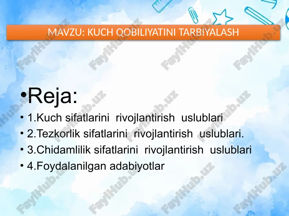 ivojlanishidir kuch turlariga ta`rif dinamik kuch-harakatda namoyon bo`ladigan kuch. statik kuch- muvozanatda namoyon bo`ladi- gan kuch. nisbiy kuch- 1 kg vaznga 1 kg kuch bilan namoyon bo`ladigan kuch. absalyut kuch- insonning chegara kuchini namoyon qilish qobiliyati. portlovchi kuch- qisqa muddatda yuqori shiddatda kuchni namoyon qilish. differensial kuch- tana va uning a`zolarini ishlashi uchin sarf bo`ladigan kuch. kuch muskul kuchlanishi orqali, ularga qarshi turuvchi yoki qarshi ta‟sir ko„rsatvchi mexanik va biomexanik kuchlarni engishga, shu bilan ta‟sir samaradorligini ta‟minlanishidir. boks nazariyasidan bizga yaxshi ma‟lumki kuch sifati ushbu sport turida muhim ahamiyat kasb etadi. o„zbek boksshunos olimi r.d. xalmuxamedov bokschilarning kuch sifatini tarbiyalash ikkita yo„nalishda olib borilishi maqsadgamuofiq 7-9 yoshda jismlar bilan umumiy rivojlantiruvchi mashqlar, qiyshiq o‘rnatilgan gimnastika skameykalariga tirmashib chiqish, gim-nastika devoridagi mashqlar, sakrashlar, uloqtirishlardir; 10-11 yoshdagilar uchun – katta muskul tarangligi talab qilinadigan jismlarni ko‘tarish bilan umumiy rivojlantiruvchi mashqlar (to‘ldirma to‘plar, gimnastika tayoqlari va h.k.)da, uch usul bilan vertikal kanatga tirmashib, …