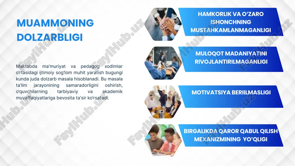 ash va inobatga olish uchun samarali muloqot vositalarini tashkil etish. pedagoglarning mehnat samaradorligini oshirish uchun psixologik, kasbiy va moddiy qo‘llab-quvvatlash tizimini shakllantirish. jamoa bo‘lib ishlashni rag‘batlantirish uchun pedagoglarni boshqaruv jarayonlariga jalb qilish. maqtov, mukofot va boshqa rag‘batlantirish usullarini joriy etish orqali xodimlarning ish unumdorligini oshirishga yordam berish. janubiy koreya germaniyada maktab boshqaruvida demokratik yondashuv qo‘llaniladi. aqshda maktablar o‘rtasidagi muhitni rivojlantirish uchun ta’lim boshqaruvining moslashuvchan modellari qo‘llaniladi. janubiy koreyada maktab jamoalari o‘rtasidagi muhitni yaxshilashda axborot-kommunikatsiya texnologiyalaridan keng foydalaniladi. aqsh germaniya aqsh muammo yuzasidan xorijiy tajribalarni o‘rganilganligi t/r amaldagi holat (o‘zbekistonda) amaldagi holat (xorijiy davlatlarda) takliflar 1 qarorlar ma'muriyat tomonidan qabul qilinadi, pedagoglar kam jalb qilinadi. germaniya: qaror qabul qilishda demokratik yondashuv, pedagoglar keng jalb qilinadi. qarorlarni birgalikda qabul qilish tizimini yo‘lga qo‘yish; pedagoglarni pedagogik kengashlar orqali faol ishtirokchi qilish. 2 muloqot vositalari cheklangan, asosiy muloqot yig‘ilishlar orqali amalga oshiriladi. janubiy koreya: axborot-kommunikatsiya texnologiyalaridan keng foydalaniladi, elektron platformalar orqali tezkor muloqot yo‘lga …