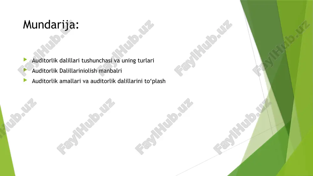 il ko‘rib chiqamiz. dalil deyilganda boshqa faktning mavjudligini tasdiqlaydigan yoki inkor qiladigan fakt, yoki mazkur fakt haqida u yoki bu darajadagi ishonchlilik bilan fikr shakllantirishga imkon beradigan, ma’lum fakt to‘g‘risida ma’lumotlar olish jarayoni tushuniladi. axborot – xo‘jalik faoliyatidagi faktlar to‘g‘risidagi xabarlar to‘plamidir. mijoz korxona – auditorlik xizmati ko‘rsatilayotgan xo‘jalik yurituvchi subyekt. uchinchi shaxslar – auditor yoki mijoz korxona bilan u yoki bu tarzda aloqador bo‘lgan va bu aloqadorlik auditor fikriga muhim ta’sir ko‘rsatadigan huquqiy yoki jismoniy shaxslardir. tahlil qilish – bu mijoz korxona buxgalteriya hisobotida faktlarning auditor tomonidan mushohada qilinishi va o‘z fikrini shakllantirishi. ishonchlilik – moliyaviy hisobot ma’lumotlarining ulardan malakali foydalanuvchilarga xo‘jalik yurituvchi subyektlar faoliyatining natijalari to‘g‘risida to‘g‘ri xulosalar qilishga va ushbu xulosalarga asoslangan qarorlar qabul qilishga imkon beradigan darajasi tushuniladi. boshqacha qilib aytganda, bu auditorlik dalillar qanchalik ishonchga sazovar va haqiqatga yaqin ekanligini tavsiflaydi. audit jarayonida olingan dalillarning ishonchliligi mustaqillik va manba kompetentligi, ichki nazorat tizimining samaradorligi kabi …