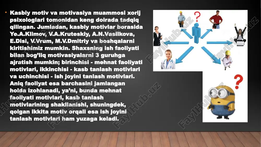 10.gif ppt/media/image9.gif ppt/media/image8.gif ppt/media/image7.gif ppt/media/image6.gif ppt/media/image4.jpeg ppt/media/image15.gif ppt/media/image1.jpg ppt/media/image2.jpeg ppt/media/image14.jpeg ppt/media/image3.gif ppt/media/image17.gif ppt/media/image16.gif docprops/thumbnail.jpeg ppt/presprops.xml ppt/tablestyles.xml ppt/viewprops.xml docprops/app.xml docprops/core.xml ppt/media/image13.png [content_types].xml _rels/.rels docprops/custom.xml pedagog kasbini o’zlashtirishda kasbiy bilimlarga bo’lgan ehtiyoj oshadi . v.n.nikitenko va b.fidlerlarning ma’lumotiga ko’ra 25-30 yoshli o’qituvchilarda oliy o’quv yurtida o’qiyotgan chog’ida unchalik ahamiyat bermagan pedagogik va psixologik bilimlarni egallashga bo’lgan ehtiyoj uyg’onar ekan n.v.jurinim o’qituvchilarning pedagogik faoliyatidagi turli xil omillarga munosabatini o’rgangan . tadqiqotlar shuni ko’rsatadiki , o’qituvchilarning uz kasbi va ish joyidan qoniqishi ba’zilarda birinchi navbatda maktabning moddiy bazasiga bog’liq bo’ladi , boshqalarida esa pedagogik faoliyatda yaxshi natijalarga erishishga , uchinchi xilida ma’muriyat bilan uzaro aloqa o’rnatishga , turtinchi kishida oylik olish bilan bog’liq bo’ladi . o’z imkoniyatlarini baxolash soglomligi , ishga yarokliligi , kasbi bo’yicha muhim sifatlarga egaligi , bilim darajasi , stresslarsiz ishga moyilligi , yuqori shovkinli ishda talab etilgan temp va xotirjam ritm bilan ishlay olish imkoniyati kabilarni uz ichiga oladi . …