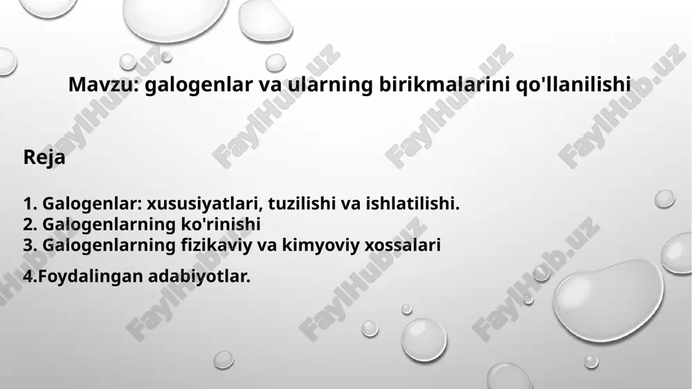 l gaz; suyuq br; men qattiqman va qattiqman. rang f, och sariq-jigarrang; cl, och yashil rang; br, qizil-jigarrang; men, binafsha va at, metall qora * * (taxmin qilingan) erish nuqtalari f -219,6 ° s; cl -101,5 ° c; br -7,3 ° c; men 113,7º c va 302º c da. qaynatish nuqtalari f -11,12 ° s; cl -34,04 ° c; br 58,8 ° c; men 184,3º c va? 337º c da. zichlik 25º c da f- 0,0017 g / sm3; cl - 0,0032 g / sm3; br - 3.102 g / sm3; i - 4,93 g / sm3 va at - 6,2-6,5 g / sm3 suvda eruvchanligi cl - 0,091 mmol / sm3; br - 0,21 mmol / sm3 va i- 0,0013 mmol / sm3. ionizatsiya energiyasi f- 1,681 kj / mol; cl - 1,251 kj / mol; br - 1,140 kj / mol; i- 1,008 kj / mol va at- …