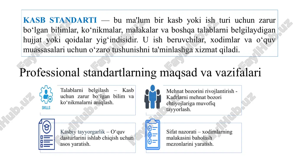 publikasi bandlik va mehnat munosabatlari vazirligi tomonidan ishlab chiqiladigan va tasdiqlanadigan metodik tavsiyalarga binoan quyidagicha amalga oshiriladi: davlat boshqaruvi organlari va xoʻjalik birlashmalari, ta'lim, fan va ilmiy-joriy etish muassasalari – respublika kengashi tomonidan tasdiqlanadigan reja-jadvalga muvofiq; vakolatli organ tanlab olgan tashkilotlar – oʻzbekiston respublikasi bandlikka koʻmaklashish davlat jamgʻarmasi mablagʻlaridan moliyalashtirish hisobidan vakolatli organ buyurtmasiga muvofiq; tashabbus tartibida – ish beruvchilar birlashmalari, kasaba uyushmalari va boshqa manfaatdor tashkilotlar tomonidan. kasb standartlarini ishlab chiqish va dolzarbligini ta'minlash vakolatli organ tomonidan amalga oshiriladi. birinchi boʻlim quyidagilarni oʻz ichiga oladi: kasb standarti rekvizitlari – kasb standarti kim tomonidan, qachon va qaysi normativ-huquqiy hujjat asosida tasdiqlangan; kasb standarti nomi – ishlab chiquvchilar shakllantirgan kasbiy guruhning nomlanishiga mos nom. kasb standarti nomi iqtisodiy faoliyat turlari umumdavlat tasniflagichida belgilangan iqtisodiy faoliyat turlari bilan bogʻlangan boʻlishi kerak; glossariy – ushbu kasb standartida foydalaniladigan asosiy tushunchalar roʻyxati. ikkinchi boʻlim kasb standarti pasporti mazmunini oʻz ichiga oladi: kasb standarti nomi …