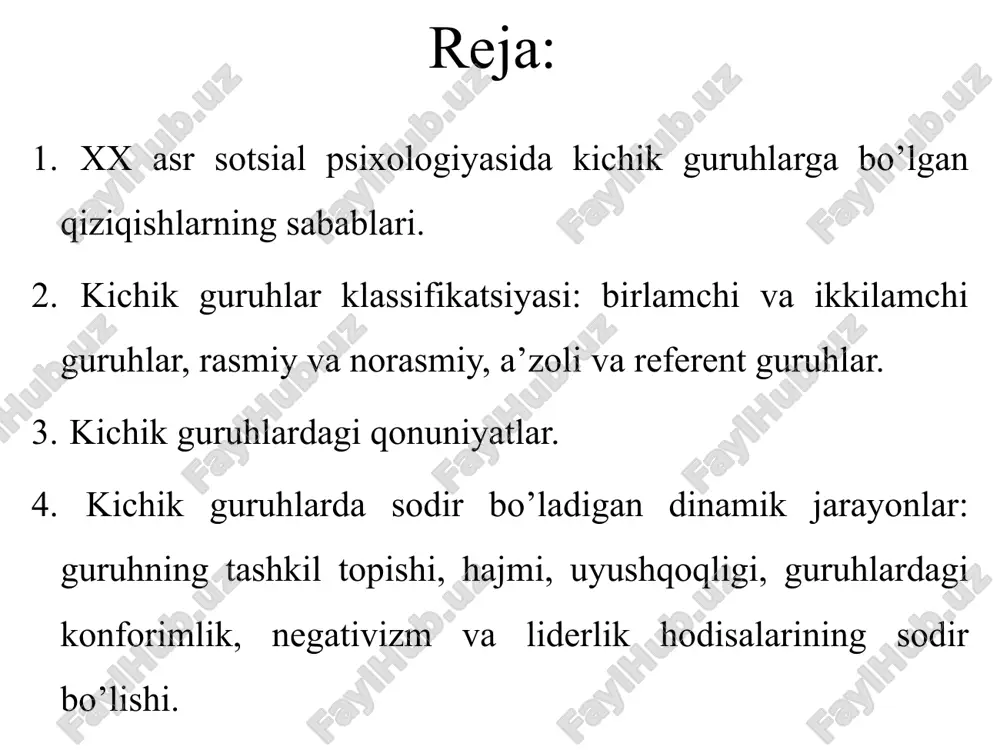 triplett, nemis olimi a. mayer, rus olimi v.m. bexterev, yana bir nemis olimi v. myode ijtimoiy fassilitatsiya - individning faoliyat mahsullariga uning yonida bo‘lgan boshqa individlarning bevosita ta’siri bo‘lib bu ta’sir avvalo sensor kuchayishlar hamda ish-harakatlarning, fikrlashlarning tezligida namoyon bo‘lishidir. ijtimoiy ingibitsiya - boshqalar ta’sirida individ reaksiyalaridagi tormozlanish faoliyatining susayishi holatlari kichik guruhlarning turlari (r.s.nemov bo’yicha) shartli (nominal) real (haqiqiy) tabiiy formal (rasmiy) kuchsiz rivojlangan labaratoriya tipli noformal (norasmiy) kuchli rivojlangan korporotsiyalar jamoalar referent noreferent odatda kichik guruhlarni rasmiy va norasmiy turlarga bo’lib(e. meyo taklifi) o’rganishadi. rasmiy (formal) guruh deganda – guruhdagi har bir a’zolarning rasmiy rollarga egaligi, mavqeining va tutgan o’rning aniqligi tushuniladi. rasmiy guruhlarda munosabatlar asosan ''vertikal" tarzda ro‘y berib, guruhning bir yoki bir necha a’zosida ''hokimiyat" bo‘lganligi uchun ham, ular boshqalarni boshqarish, ularga buyruq, rasmiy ko‘rsatmalar berish huquqiga ega bo‘ladilar. norasmiy guruh(noformal)lar - ular asosan stixiyali tarzda, aniq maqsadsiz tarkib topadi va ularda a’zolarning aniq mavqelari, rollari …