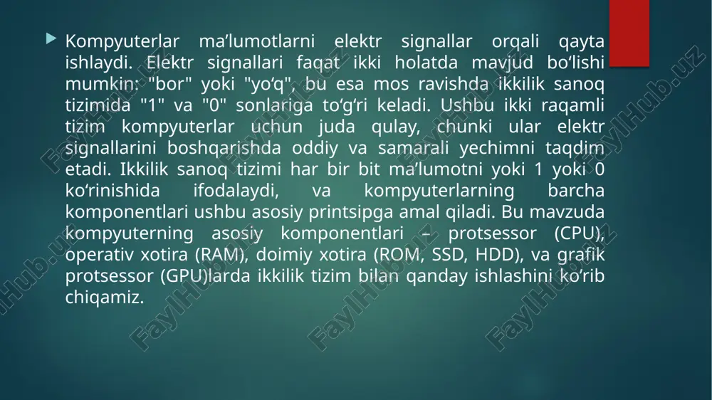 (0 yoki 1) yordamida adreslanadi. ma’lumotlar ram’da quyidagicha saqlanadi: har bir hujayra 8 bitli bo‘lib, bu 1 baytga teng. masalan, agar hujayrada 01100100 (100) soni saqlangan bo‘lsa, bu kompyuterda o‘qiladi va ishlatiladi. ramning asosiy xususiyati – ma’lumotlar vaqtinchalik saqlanadi, va kompyuter o‘chirilganda ularning barchasi o‘chib ketadi. operativ xotira yoki ram – bu vaqtinchalik ma'lumotlarni saqlaydigan joy bo'lib, kompyuter o'zining joriy vazifalarini bajarishda foydalanadi. ramdagi ma'lumotlar ham ikkilik raqamlar shaklida saqlanadi. har bir bit xotira hujayrasida 0 yoki 1 qiymatida bo'ladi. masalan, 4gb ram taxminan 34 milliard bitni o'z ichiga oladi. bu bitlar ramda ikkilik kodda saqlangan va protsessor foydalanishi mumkin bo'lgan ma'lumotlarni anglatadi. misol: agar ma'lumot "a" bo'lsa, u ascii kodida 65₁₀ ga teng, bu ikkilikda 1000001₂. ramda saqlanganda, bu "a" ni 1000001 sifatida saqlaydi. ramdagi ma'lumotlar ham ikkilik raqamlar shaklida saqlanadi. har bir bit xotira hujayrasida 0 yoki 1 qiymatida bo'ladi. masalan, 4gb ram taxminan 34 milliard bitni o'z …