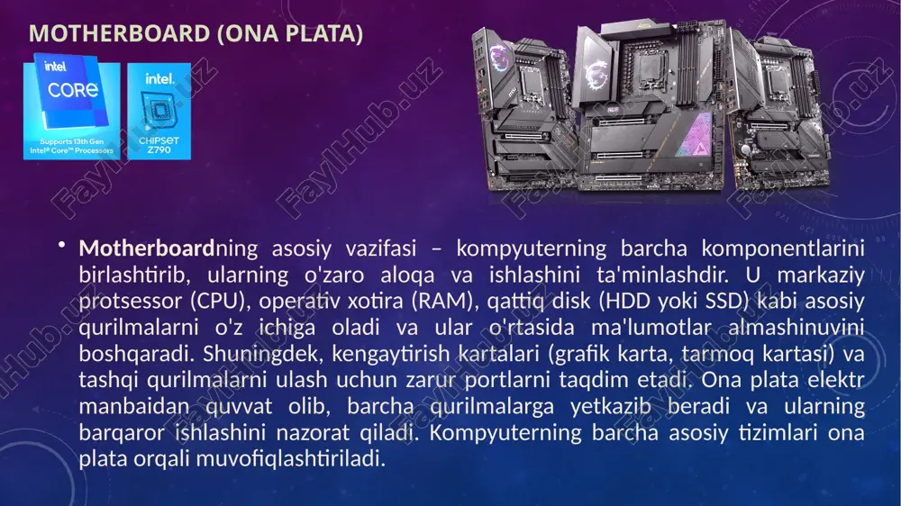 ni juda tez yetkazib beradi. qachonki kompyuter o'chirilsa, ramdagi ma'lumotlar yo'qoladi, bu esa uni uzoq muddatli xotiradan farqlaydi. ram qanchalik katta bo'lsa, kompyuter bir vaqtning o'zida shuncha ko'p vazifani bajarishi mumkin. hard drive (hdd) – qattiq disk image2.png image3.png image4.png image5.png image6.png image7.png image8.png /docprops/thumbnail.jpeg
