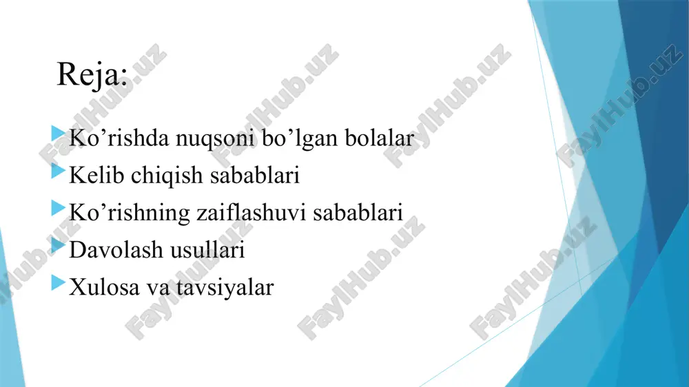 gisini qo‘yish mumkin. katarakta - bu ko‘z linzalarining xiralashuvi oqibatida yorqin ko‘rishni qiyinlashtiradi. katarakta ko‘p hollarda bir necha sabablar bilan bog‘liq. ko‘p bolalar katarakta bilan tug‘iladi. katarakta ko‘zdagi qizarishlar, shishlar va boshqa ko‘z kasalliklaridan bo‘lishi mumkin. bunda bolaning ko‘zi odatdagidan kichikroq bo‘ladi. homiladorlik davridagi infeksiyalar ham kataraktaga sabab bo‘lishi mumkin. 3. diabetga aloqador ko‘z kasalligi. ko‘p davlatlarda ko‘rish zaiflashuvining asosiy sababchisi sifatida ko‘rsatiladi. bundan glaukoma, katarakta diabetik retionapiya kelib chiqishi mumkin. 4. glaukoma – ko‘ruv nervi miyaga ma’lumotni beradi. u shikastlanganda ko‘zda bosim oshadi. ko‘zlarning to‘g‘ri ishlashi ularning shaklini ushlab qolishi sog‘lom bo‘lishi uchun bosim ma’lum miqdorda bo‘lishi kerak. bosim juda yuqori bo‘lsa bolada quyosh yoki yorqin nurlarda noqulaylik kuzatilishi, bolada g‘ilaylik bo‘lishi yoki “dangasa ko‘z”ning bo‘lishi va ko‘z yoshlanishi mumkin. traxoma - chivinlar orqali yuqadigan kasallik. bunda ko‘zdan infeksiya ajralib chiqadi. bir necha yillardan keyin infeksiya takrorlanadi, ko‘zning ichida chandiqlar bo‘lishi, qovoqlar og‘rishi, ko‘zi ojizlikka ham olib kelishi mumkin. …