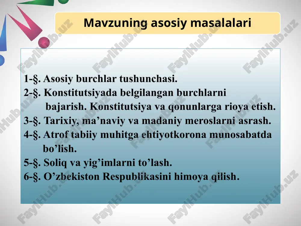 ing g‘ay riqonuniy xatti-harakatlari ustidan sudga shikoyat qilish huquqi kafolatlanadi. 44-modda. fuqarolar o‘zbekiston xalqining tarixiy, ma’naviy va madaniy merosini avaylab asrashga majburdirlar. madaniyat yodgorliklari davlat muhofazasidadir. 49-modda. o‘zbekiston respublikasi «madaniy meros ob’ektlarini muhofaza qilish va ulardan foydalanish to‘g‘risida»gi, “madaniy boyliklarning olib chiqilishi va olib kirilishi to’g’risida”gi va «arxeologiya merosi ob’ektlarini muhofaza qilish va ulardan foydalanish to‘g‘risida»gi qonunlari, o‘zbekiston respublikasi jinoyat kodeksining 132-moddasi, ma’muriy javobgarlik to‘g‘risidagi kodeksining 46-moddasi. bugungi kunda inson hayoti uchun tabiatni yo‘q qilish, havo, yer va suvni ifloslantirishdan ko‘ra katta xavf-xatar yo‘q. tabiatni qutqarar ekanmiz, biz o‘z-o‘zimizni halokatdan xalos etamiz. fuqarolar atrof tabiiy muhitga ehtiyotkorona munosabatda bo‘lishga majburdirlar. 50-modda. o’zbekiston respublikasining “suv va suvdan foydalanish to’g’risida”gi, “muhofaza etiladigan tabiiy hududlar to’g’risida”gi, “er osti boyliklari to’g’risida”gi, “o’simlik dunyosini muhofaza qilish to’g’risida”gi, “atmosfera dunyosini muhofaza qilish to’g’risida”gi, “o’rmon to’g’risida”gi qonunlar hamda er kodeksi va boshqa huquqiy hujjatlar tabiatni, atrofmuhitni muhofaza qilishni nazarda tutadi. atrof-muhitga taalluqli qonunlar miqdori ko’pligining o’zi (bular …