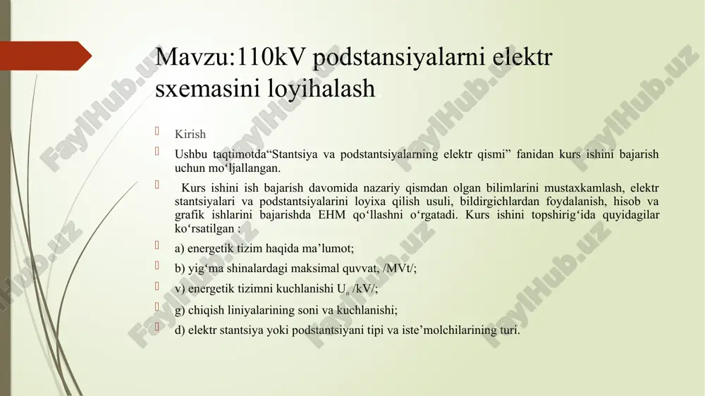 0 % yuklama bilan ishlashi koʻzda tutiladi. a) ikki hil quvvatli trasformatorlar olish koʻzda tutiladi. i – variant:6.3 mv·a 10 mv·a; uning oʻta yuklanishi, 𝐾_3=〖σ𝑆〗_𝑚𝑎𝑥/(2∙𝑆_𝑛𝑜𝑚𝑡 )=5,948/(6,3_2)=0,472 i – variant: 4,0 mv·a uning oʻta yuklanishi, 𝐾_3=〖σ𝑆〗_𝑚𝑎𝑥/(2∙𝑆_𝑛𝑜𝑚𝑡 )=5,948/(2∗4)=0,297 tmn-6300/110/10 kva tdn-10000/110/10 kva elektr stantsiyalarini yoki podstantsiyalarni bosh elektr sxemasini tanlash texnik – iqtisodiy hisobni minimal keltirilgan sarf – xarajatlar boʻyicha hisoblanadi. z = rn ·kt + i (mln. soʻm) bunda, rn – normativ koeffitsent boʻlib 0,15ga teng; kt – podstatsiyalarga oʻrnatilgan transformatorlarni tannarhi boʻlib quyidagicha aniqlanadi. kt = k0 · nt (mln. soʻm) nt – transformatorlar soni; k0 – bitta transformatorning tannarhi; i–yillik ekspluatatsiya xarajatlari quyidagicha aniqlanadi (mln. soʻm) i = ia.t + ie (mln. soʻm) ia.t – amortizatsiya uchun ajratilgan sarf–xarajatlar quyidagicha hisoblanadi. ia.t =[(ra +ro)/100] ·kt (mln. soʻm) bunda, ra – amortizatsiya uchun ajratilgan normasi 6,3 % ga teng; r0 – podstantsiyani hizmati va ta’mirlash uchun ajratilgan xarajatlar 3 % …