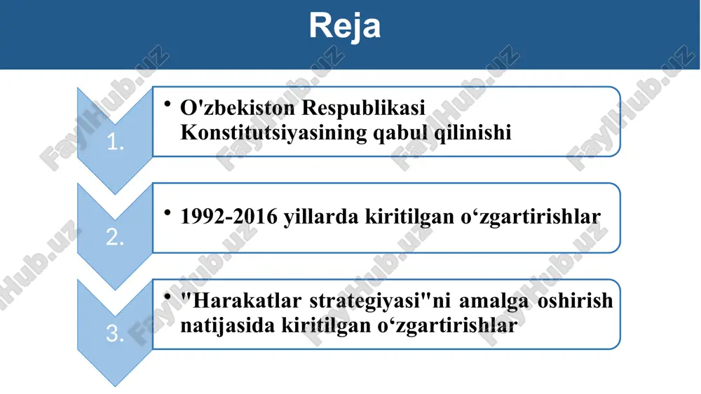 qat qonun bilan belgilanib qo'yiladi hamda ijtimoiy adolat printsiplariga mos bo'lishi shart. 18-modda 8 o‘zbekiston respublikasi o‘z hududida ham, uning tashqarisida ham o‘z fuqarolarini huquqiy himoya qilish va ularga homiylik ko‘rsatishni kafolatlaydi. 22-modda fuqarolar o'z huquq va erkinliklarini amalga oshirishda boshqa shaxslarning, davlat va jamiyatning qonuniy manfaatlari, huquqlari va erkinliklariga putur etkazmasliklari shart. 20-modda 9 savollaringiz bo‘lsa marhamat! image1.png image2.png image3.jpeg image4.jpeg image5.jpeg image16.jpeg image17.jpg image18.jpeg /docprops/thumbnail.jpeg