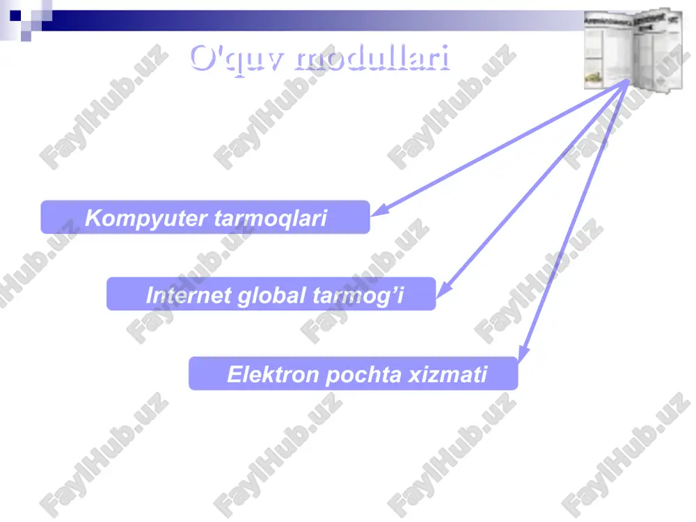 undan foydalanishni ta'minlab beradi. internet nima? * internetning asosiy tushunchalari internetning asosiy tushunchalari: internet – international network - xalqaro tarmoq ma'nosini anglatadi veb sayt – biror bir sohaga, faoliyatga, voqea va xodisaga bag'ishlangan ma'lumotlarni o'zida jamlagan internet sahifalar majmui. internet provayder – internet tarmog'i xizmatlaridan foydalanishni ta'minlab beruvchi yuridik shaxs. elektron pochta – internet tarmog'i orqali tezkor ma'lumotlar va xabarlar almashish tizimi chat – internet tarmog'i orqali tezkor muloqotni yozishuv asosida tashkil qilish xizmati forum – internet tarmog'i orqali turli toifadagi masalalarni o'zaro muhokama qilish tizimi internet konferentsiya – internet tarmog'i xizmatlari orqali turli anjumanlarni tashkil etish trafik - bu internet aloqa kanallari orqali uzatilgan ma'lumotlar oqimi hajmi. internet manzil (url) – internet tarmog'ida joylashtirilgan axborot resurslarining murojaat manzillari. * internet bilan bog'lanish oddiy telefon liniyasi orqali internetga bog'lanish mobil telefon orqali internetga bog'lanish * internet provayderlar internet provayderlar – quyidagi internet xizmatlarini foydalanuchilarga taqdim etadi: internet resurslaridan foydalanish elektron …