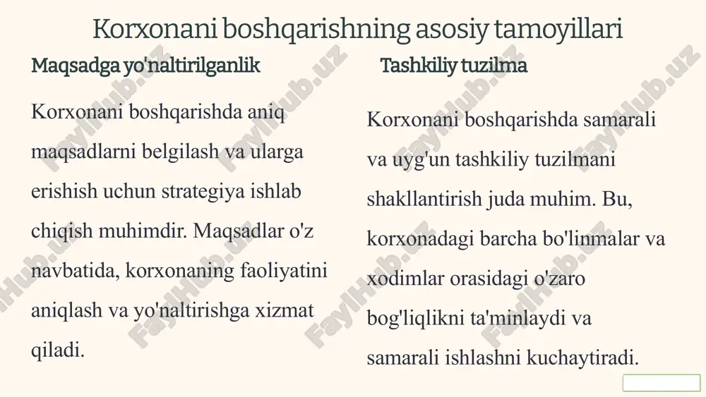 hish va birgalikda ishlay olishni ta'minlaydi. 4 korxonani boshqarishning tashkiliy tuzilmalari ierarxik tuzilma: korxonada boshliqlar va bo'ysunuvchilar orasidagi aniq bo'ysunish munosabatlariga asoslangan. bu tuzilma katta va murakkab korxonalar uchun mos keladi. tarmoqli tuzilma: korxonada turli bo'linmalar bir-biri bilan hamkorlikda ishlaydi va ularning orasidagi munosabatlar tarmoqli shaklda bo'ladi. bu tuzilma moslashuvchan va innovatsion korxonalar uchun qulaydir. matritsa tuzilma: korxonada xodimlar bir necha boshliqlarga bo'ysunadi va turli loyihalarda ishtirok etadi. bu tuzilma turli loyihalarni bir vaqtda amalga oshirish va xodimlarni ko'p yo'nalishli ishlarga jalb qilish uchun mos keladi. 5 korxonani boshqarishda rahbarning roli 1 strategiya ishlab chiqish rahbar korxonaning kelajakdagi rivojlanishini rejalashtiradi, uzoq muddatli strategiyani ishlab chiqadi va aniq maqsadlar belgilaydi. 2 jamoani shakllantirish rahbar korxonaning muvaffaqiyatiga hissa qo'shadigan samarali va ilhomlangan jamoani tashkil etadi. 3 natijalarni nazorat qilish rahbar korxonaning faoliyatini kuzatib boradi, natijalarni tahlil qiladi va kerakli o'zgartirishlarni amalga oshirishni ta'minlaydi. 4 motivatsiya va rag'batlantirish rahbar xodimlarning motivatsiyasini oshirish va …