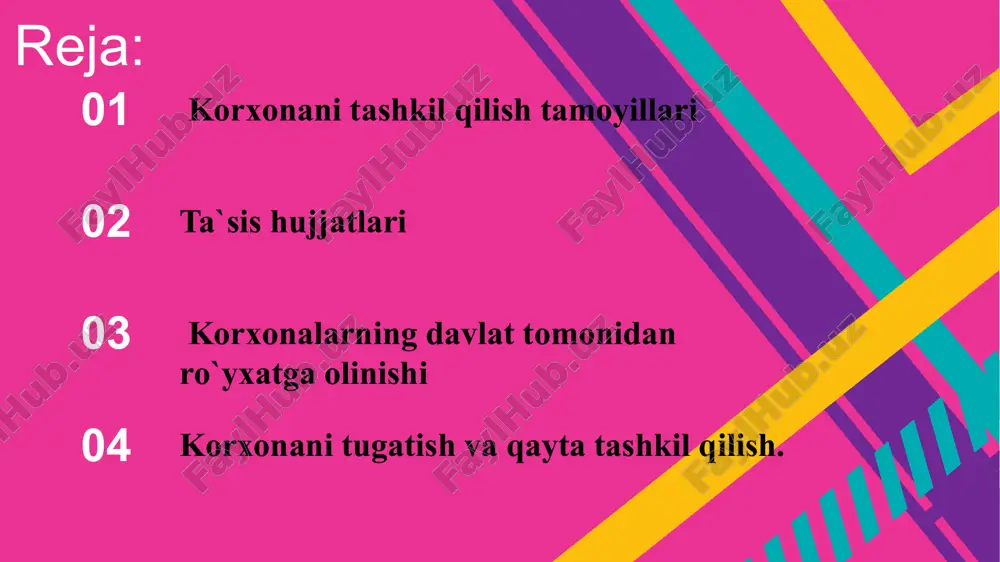 asida ham tashkil topishi mumkin korxona qonun hujjatlarida belgilab qo`yilgan tartibda maxsus davlat idoralarida ro`yxatga olingan kundan boshlab tashkil qilingan hisoblanadi va huquqiy shaxs maqomiga ega bo`ladi. korxonani tashkil qilishdan tashqari, uning moliyaviy barqarorligi va samarali faoliyatini ta`minlash, bozor munosabatlari va raqobatchilik sharoitlarida juda muhimdir. your text here your text here your text here your text here amaliyotdan ko`rinib turibdiki, bu qoidalarga rioya qilmaslik natijasida korxonani tashkil qilishga ketgan barcha sa`y-harakatlar o`zini oqlamaydi hamda ijtimoiy ishlab chiqarish rivojlanishining mikro va makroiqtisodiy ko`rsatkichlariga salbiy ta`sir ko`rsatadi. ya`ni moliyaviy jihatdan barqaror bo`lmagan korxonalar endi tashkil qilingan yoki faoliyat yuritayotganligidan qat`inazar, bankrot korxonalar hisoblanadi. yangi korxona tashkil qilishdan asosan quyidagi maqsadlar ko`zlanadi: * iste`molchilar talab qilayotgan mahsulot ishlab chiqarishni ko`paytirish va uni sotishdan foyda (daromad) olish; * ishlab chiqarishga ish bilan band bo`lmagan aholini jalb qilish va shu orqali ish bilan ta`minlashdagi ijtimoiy muammolarni hal qilish; * ishlab chiqarishga mavjud qo`shimcha resurslarni jalb …