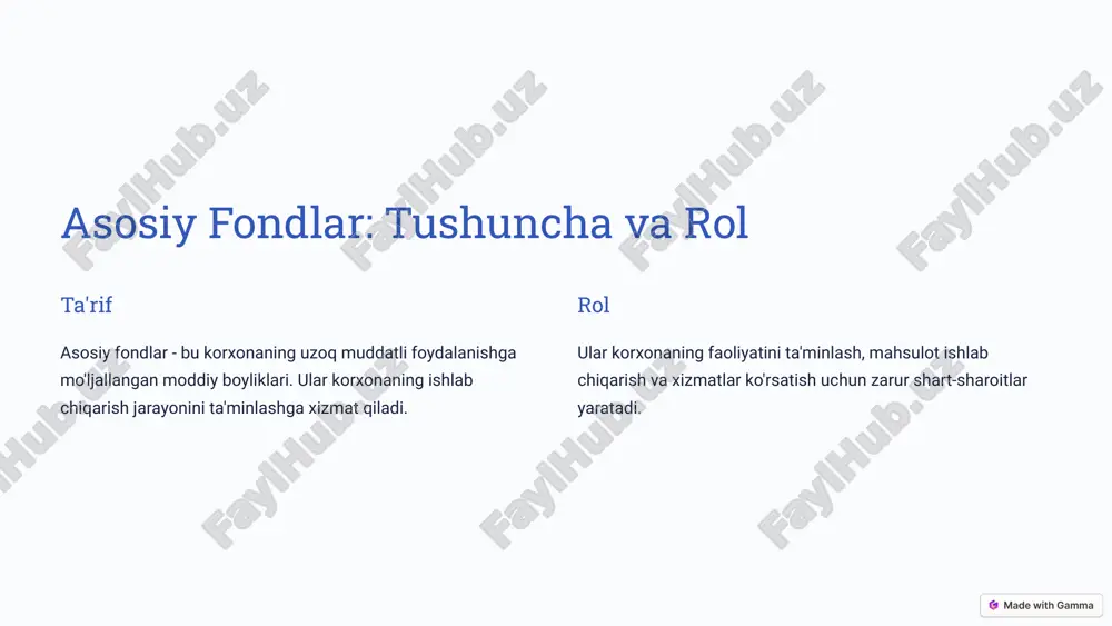 exnik xususiyatlarini yaxshilash mahsulot sifatini oshirish, raqobatbardoshlikni kuchaytirish. 6 ishlab chiqarish quvvati: tushuncha va baholash ta'rif ishlab chiqarish quvvati - bu ma'lum bir vaqt davomida korxona tomonidan ishlab chiqariladigan mahsulotlar miqdori. baholash usullari nomuvofiqlik usuli, quvvatni hisoblash usuli, statistik usul. tarkibi asbob-uskunalar quvvati, ishchi kuchi quvvati, xom ashyo va materiallar quvvati. 7 ishlab chiqarish quvvatini samarali foydalanish texnologiyalarni modernizatsiya qilish zamonaviy texnologiyalarni qo'llash, avtomatlashtirishni joriy etish. ishchi kuchi samaradorligini oshirish malaka oshirish, ishchilarni rag'batlantirish, mehnat unumdorligini oshirish. resurslarni samarali ishlatish xom ashyo va energiya resurslarini tejash, chiqindilarni kamaytirish. 8 image1.png image2.png image3.png image4.png image5.png image6.png image7.png image8.png image9.png image10.png image11.png image12.png image13.png