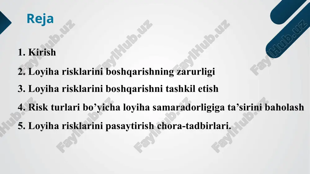 otlik riski; ilm-texnika riski; informatsion risk; muddati bo‘yicha risklar quyidagilarga bo‘linadi: qisqa muddatli risklar; uzoq muddatli risklar; olinadigan natijaga qarab risklar: spekulyativ risk - ular ta’sirida katta zarar yoki katta foyda olish imkoniyati bor; sof risklar - ular ta’sirida nolga teng bo‘lgan zarar (foyda) ko‘rish mumkin; loyihaga ta’sir etish darajasi bo‘yicha risklar quyidagilarga bo‘linadi: mumkin bo‘lgan risklar - ular ta’sirida kutilgan foydadan ayrilish mumkin; kritik risklar - loyiha pul tushumlaridan ayrilish xatari; katastrofik risklar - daromaddan va kiritilgan investitsiya-lardan ayrilish xatari. moliyaviy bozor eng yuqori riskka ega bo‘lgan soha hisoblanadi. undagi risklar ikkita katta guruhga bo‘linadi: - tizimli risklar; - tizimsiz risklar. tizimli risklar - (investitsiya portfeli risklari)ta’rifi xatar ta’siriga ba’zi bir qimmatli qog‘ozlar emas, balki butun bozor, uning katta bir qismi risklarga uchraydi. bu holda iqtisodiy nobarqarorlik tufayli yoki boshqa sabablarga ko‘ra ko‘pchilik emitent va qimmatli qog‘ozlar egalari zarar ko‘rishlari mumkin. tizimli risklar foiz riski; valyuta riski; inflyatsiya riski; …