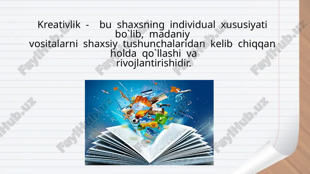 ik masalasiga bevosita murojaat etgan pedagog olim pedagogika fanlari doktori, professor r.a.mavlonova o`zining ilmiy ishlarida kreativlik haqida baholi qudrat fikrlar bildirgan. uning «boshlang`ich ta`limda innovatsiya», «boshlang`ich ta`lim pedagogikasi, integratsiyasi, innovatsiyasi» nomli o`quv qo`llanma va darsliklarida kreativlikka alohida to`xtab o`tgan. odam bolasining rivojlanishi – bu muhim jarayon sanaladi. ma`lumki, hayoti davomida inson jismoniy va ruhiy tomondan o`zgarib boradi. lekin bolalik, o`smirlik va o`spirimlik davrida rivojlanish nihoyatda kuchli bo`ladi. bola mana shu yillarda ham jismoniy, ham ruhiy jihatdan o`sishi, o`zgarishi tufayli shaxs sifatida kamolga etadi, bunda berilayotgan tarbiya maqsadga muvofiq ta`sir etishi natijasida bola jamiyat a`zosi sifatida kamol topib, murakkab ijtimoiy munosabatlar tizimida o`ziga munosib o`rin egallaydi. e`tboringiz uchun rahmat. image2.jpeg image3.jpg image4.jpg image5.jpg image6.jpg image7.png image8.jpeg image9.jpeg image10.jpg image11.jpg image12.jpeg image13.jpg image1.jpg /docprops/thumbnail.jpeg