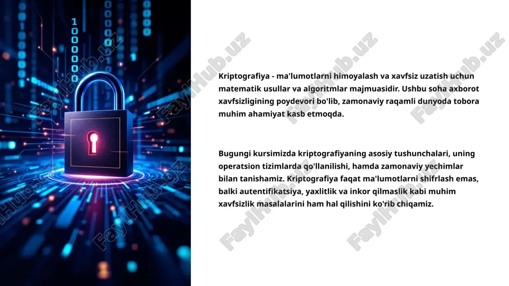 natijasida hosil bo'lgan, faqat tegishli kalit bilan o'qish mumkin bo'lgan ma'lumot. zamonaviy kriptografiya shifrlash jarayonida ochiq matndan shifrlangan matn yaratuvchi algoritmlarni o'z ichiga oladi. bu jarayonda kalit muhim rol o'ynaydi - kalitsiz shifrlangan matnni deshifrlash deyarli imkonsiz hisoblanadi. hozirgi kriptografiyaning asosiy tamoyillaridan biri kerkhoffs prinsipidir: tizimning xavfsizligi algoritm sirligiga emas, balki kalitning maxfiyligiga asoslanishi kerak. shuning uchun ko'plab kriptografik algoritmlar ochiq kodli bo'lib, ularning xavfsizligi keng miqyosda tekshiriladi. 4 simmetrik kriptografiya kalitni yaratish xavfsiz simmetrik kalit hosil qilinadi shifrlash ma'lumot kalit yordamida shifrlash algoritmi orqali kodlanadi uzatish shifrlangan ma'lumot xavfsiz bo'lmagan kanal orqali yuboriladi deshifrlash qabul qiluvchi xuddi shu kalit bilan ma'lumotni deshifrlaydi simmetrik kriptografiya - bir xil kalit yordamida ma'lumotni ham shifrlash, ham deshifrlash amalga oshiriladigan usul. bu eng tez ishlaydigan kriptografik usullardan biri bo'lib, katta hajmdagi ma'lumotlarni shifrlashda samarali hisoblanadi. aes (advanced encryption standard) bugungi kunda eng keng qo'llaniladigan simmetrik shifrlash algoritmidir. u 128, 192 yoki 256 bitli …