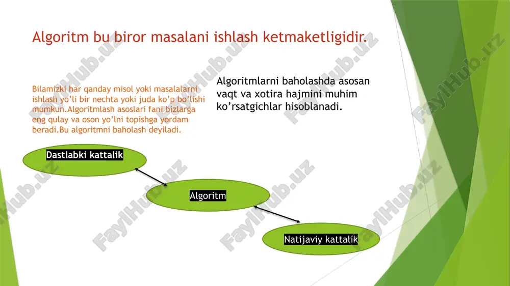 am ko'rsatib qo'yilgan. saralash algoritmi:piramdali saralash piramida saralash usuli piramidali daraxtni qurish bilan ifodalanadi. piramidali daraxt - bu binar daraxt bo'lib, uchta xossaga egadir: binar daraxt 1) har bir triad uchida eng katta element joylashadi. 2) binar daraxt barglari bir sathda yoki ikkalasi qo‘shni joylashadi. 3) pastki sath barglari baland bargiar sathidan chaproqda joylashadi. binar daraxt orqali ifodalsh piramidali saralshni binar daraxt orqali hisoblash misol: 6 9 0 1 8 2 6 9 0 1 8 2 6 9 2 1 8 0 9 6 2 1 8 0 9 0 8 6 2 1 0 6 8 2 1 0 9 8 6 1 2 0 9 8 6 2 1 0 9 8 6 2 1 0 9 8 6 2 1 9 8 6 2 1 9 0 ba'zi tashqi murakkabliklarga qaramay, piramidali saralash eng samarali hisoblanadi. saralash algoritmi katta n lar uchun samarali. eng yomon holatda …