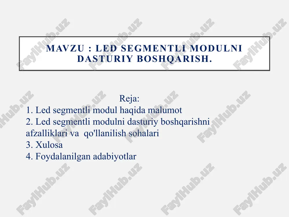 ntli modullarning funksionalligini oshirib, ulardan yanada samarali va kreativ foydalanishga imkon beradi. segmentli displaylarning ulanish sxemasi tavsifi arduino uno platasida segmentli displaylarning ulanish sxemasida mc74hc573 mikrosxema va led – 4*8 segmentli displaydan foydalanilgan. - mc74hc573 mikrosxema yuqori tezlikda ishlovchi kmop texnologiyada tayyorlangan. 74 seriyadagi mikrosxemalar minikompyuterlar ishlab chiqarishda foydalanilgan. bu mikrosxemalarning tarkibida mantiqiy amallarni bajaruvchi ko’plab qurilmalar: trigger, hisoblagich, ma’lumot uzatuvchi qurilma, mantiqiy elementlar va hk. lar mavjud. mc74hc573 mikrosxemaning texnik xarakteristikalari quyidagicha: - minimal manba kuchlanishi – 2v; - maksimal manba kuchlanishi – 6v; - chiqishlar soni – 20 ta; - ishchi temperature – 125 cmc74hc573 belgilanishi: - led – 4*8 segmentli displayning vazifasi mikrosxemadan kelayotgan signallarga mos ravishda ekranda ma’lumotlarni ko’rsatib beradi. led – (light emitting diod) nur diodli display 24 oyoqchadan iborat. led segmentli modullar raqamlar, ba'zi harflar va belgilarni ko'rsatish uchun ishlatiladigan displey texnologiyasidir. ularning ishlash printsipi quyidagi bosqichlardan iborat:---1. moddiy tuzilishi:segmentlar: har bir raqamni ko‘rsatish …