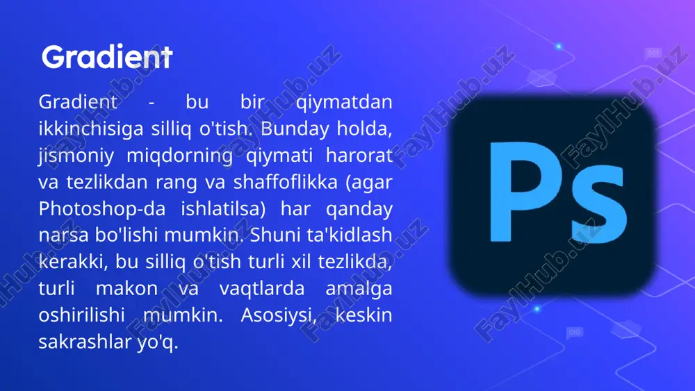 ishga imkon beradi. yoki boshqacha qilib aytganda - bir nuqtadan bir-biriga nisbatan 90 graduslik burchak ostida nurlanadigan to'rtta chiziqli gradient. to'rtburchak oynada (4) biz gradientning joriy versiyasini ko'ramiz. agar siz uning yonida joylashgan o'qni (5) sichqonchaning chap tugmasi bilan bossangiz, biz gradient palitrasini ochamiz. biz uchun sichqonchaning chap tugmasi bilan bosish orqali kerakli gradientni tanlash qoladi. o'qni (11) bosganingizda, biz bir nechta kichik menyularga bo'lingan menyuni ochamiz. pastki menyu (12) yordamida biz gradient palitrasining ko'rinishini sozlashimiz mumkin. boshqa kichik menyuda (13) biz uchun mavjud gradient to'plamlari mavjud bo'lib, ular yordamida biz gradient palitrasida taqdim etilgan gradientlar to'plamini almashtirishimiz mumkin. yuqorida sanab o'tilgan gradient xususiyatlariga qo'shimcha ravishda, xususiyatlar panelida biz ko'ramiz: "rejim" (14), "opacity" (15), "invert" (16), "dither" (17) va "shaffoflik" ( 18). shu bilan birga, gradientning "opacity" xususiyatidan foydalanib, biz butun gradientning shaffoflik darajasini moslashtiramiz. oynadagi raqamlar bo'yicha yoki slayderni oynaning o'ng tomonidagi uchburchak o'qni bosib chaqirilgan shkala bo'ylab harakatlantiring. …