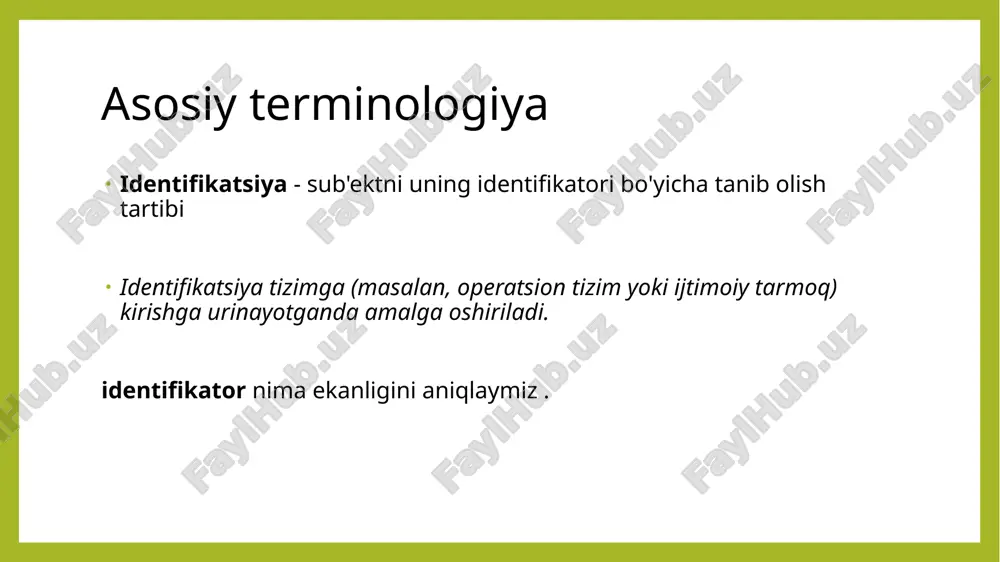 o'ri autentifikatsiyadan o'ta olmasa (uning qo'pol ovozi uni o'tkazib yubordi), ikkinchi urinishda (tomog'i tiklanib, nozik ovozda qo'shiq kuylagandan keyin) u ona echki va bolalari sifatida tasdiqlandi " uni o'z kulbasiga kiritishga ruxsat berdi. ertak baxtli yakunlanganiga qaramay, bolalarga kirish noqonuniy ravishda qo'lga kiritilgan. bo'ri identifikatsiya va autentifikatsiya jarayonlarini aldashga muvaffaq bo'ldi va shu bilan avtorizatsiyadan o'tdi. ko'p faktorli autentifikatsiya ko'p faktorli autentifikatsiya - bu foydalanuvchi ikki xil omil orqali hisob egasi ekanligini yoki o'z hisobiga kirish uchun tizimga kirganligini isbotlashi kerak bo'lgan usul. ko'p faktorli autentifikatsiya turlari orasida eng keng tarqalgani ikki faktorli autentifikatsiya (2fa) bo'lib, foydalanuvchi kirish huquqiga ega bo'lish uchun ikki xil turdagi autentifikatsiya ma'lumotlarini taqdim etishi kerak bo'lgan usul (4-slaydga qarang). ko'p faktorli autentifikatsiya login va parolni kiritish orqali resurslarga kirish bitta faktorli autentifikatsiya hisoblanadi, chunki tizimga kirish uchun faqat bitta turdagi autentifikatsiya ma'lumotlari ishlatiladi - foydalanuvchiga ma'lum parol. autentifikatsiya "omillari" va bosqichma-bosqich o'tishni chalkashtirmaslik kerak . …
