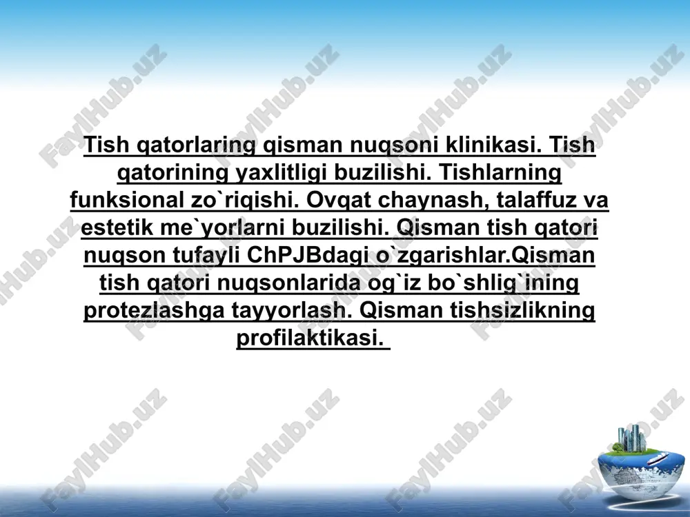r yallig'lanish jarayoni sababli tish murtagining nobud bo'lishi; 4. sut tishlarining muddatidan avval olib tashlanishi yoki o'ta kech tushishi; 5. karies va uning asoratlari (pulpit, periodontit); 6. parodont kasalligi; 7. o'tkir va surunkali shikastlanishlar; 8. yallig'lanish jarayoni yoki o'smalar tufayli o'tkaziladigan jarrohlik muolajalari. tish qatorlari nuqsonlarining klinik belgilari: tish qatorlarining ketma-ketligining ya'ni uzluksizligini buzilishi; turlicha vazifalarga ega bo'lgan ikki guruh tishlarning paydo bo'lishi (ish bajaruvchi va ish bajarmaydigan tishlar guruxi); saqlanib qolgan tishlarning funktsional zo'riqishi; tish qatori okklyuzion tekisligining buzilishi; chaynov va so'zlashish faoliyatining buzilishi; chakka-pastki jag' bo'g'imi faoliyatining buzilishi; chaynov mushaklar faoliyatining buzilishi; estetik me'yorlarining buzilishi. kennedi bo'yicha tasnifi. ikki tomonlama chegaralanmagan nuqsonlar 2. bir tomonlama chegaralanmagan nuqsonlar 2. chaynov tishlar sohasidagi bir yoki bir nechta chegaralangan nuqsonlar 4. frontal tishlar sohasidagi chegaralangan nuqsonlar grozovskiy bo'yicha tasnifi. frontal tishlar sohasidagi nuqsonlar a) 1ta dan 5 tagacha frontal tishlar saqlanib qolgan nuqsonlar b) hamma frontal tishlar yo'qotilgan nuqsonlar chaynov tishlar …