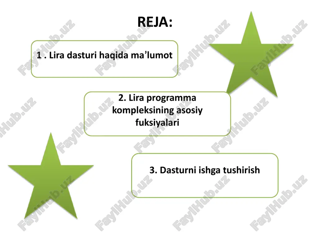 rning kengaytirilgan bibliotekasini o’z ichiga olgan; lira programma kompleksining asosiy fuksiyalari dinamik ta’sirlarning har xil turlariga hisoblashlarni bajarish mumkin (titrash yuklari, impuls, zarba, javob-spektr); po’lat sortamentlar bazasini muharrirlash imkoniyati yaratilgan; boshqa grafik va hujjarlashtiruvchi sistemalar bilan dxf, mdb, ifc va hokazo fayllarni bog’lashni amalga oshirish(autocad, allplan, stark, archicad, ms word, revid va boshqalar). lira programma kompleksining asosiy fuksiyalari kengaytirilgan yordam va hujjatlashtiruvchi sistemalarning ishlashi ta’minlangan; interfeys tilini istalgan bosqichda o’zgartirish va istalgan bosqichda hujjatlashtirish imkoniyatlari yaratilgan; turli o’lcham birliklari sistemasi va ularning kombinasiyalari mavjud. dasturni ishga tushirish lira dasturini ishga tushirish uchun pusk-vse programmi-lira sapr fayl fayl- menyu bandida yangi fayl yaratish, mavjudini ochish, yopish, saqlash, chiqish kabi amallarni bajarish mumkin. rejim rejim- menyu bandida kompleksning uchta ishlash rejimidan birini yuklovchi 3 buyruq bandiga ega: raschetnaya sxema- bu rejimda barcha boshlang’ich ma’lumotlar yaratiladi. buyruqqa belgi o’rnatish, shu buyruq yuklanganligini bildiradi. qolgan ikkita rejimda bajariladigan ishlar ularning nomlaridan kelib chiqadi. rezultati …