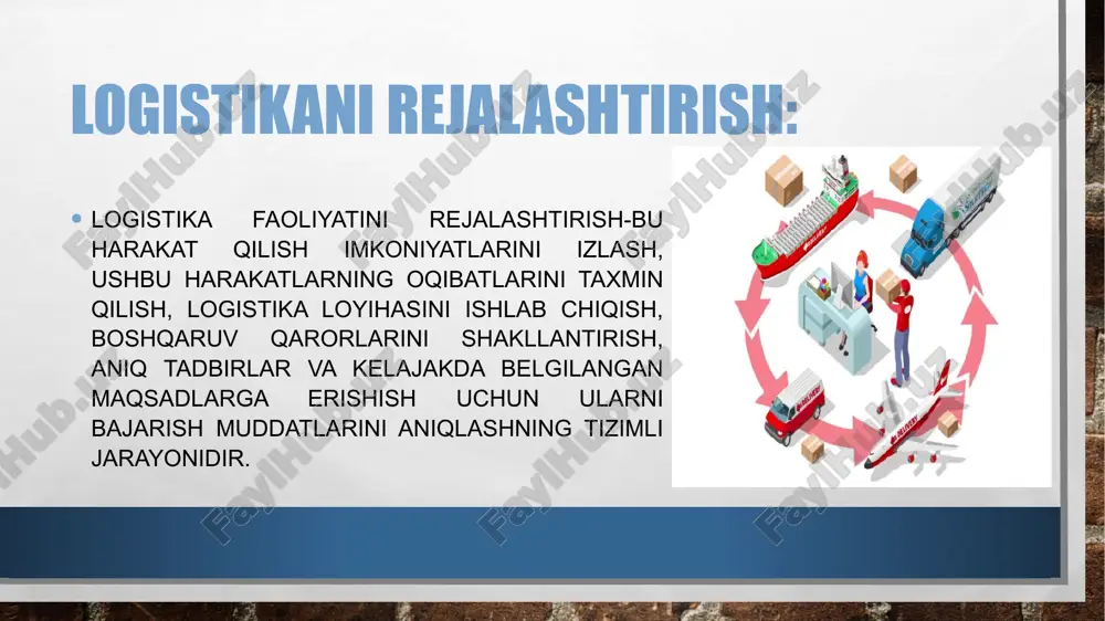 h va moliyaviy va moddiy resurslarning yuzaga keladigan kamomadini hal qilish yo'llarini aniqlash zarurligini ko'rsatadi. rejalashtirish quyidagi funksional sohalarga bo’linadi; sotish; materiallarga bo'lgan ehtiyoj; mahsulot xarid qilish; ishlab chiqarish; infrastruktura elementlarini joylashtirish. ishlab chiqarishni rejalashtirish jarayoni quyidagi manbalardan olingan ma'lumotlarga asoslanadi: savdo rejasi; ishlab chiqarish quvvati; davr uchun zaxiralarni o'zgartirish. aqshning global ups express yuk kompaniyasi (united parcel service inc.), samarali logistikaga ega ekanligiga ishonch hosil qilib, biznes strategiyasini ishlab chiqdi, uning maqsadi mijozlarga tovarlar, axborot va kapitalni etkazib berish bo'yicha eng yuqori darajadagi xizmatlarni taqdim etishdir. shunday qilib, logistika, bir tomondan, biznes strategiyasining shakllanishiga hissa qo'shdi va boshqa tomondan, uni dunyoning deyarli har qanday joyiga yuklarni juda tez yetkazib berish orqali amalga oshirish imkonini beradi. misol uchun, ups yuklari bilan "ishlaydigan" bojxona bo'limining mavjudligi, shuningdek, ekspress tovarlarning "shartli chiqarilishi" noyob texnologiyasi, bojxona rasmiylashtiruvi rossiya hududiga haqiqiy kelishidan ancha oldin boshlanadi-kompaniyaning nou — xau, bu eng qiyin muammolardan birini hal …