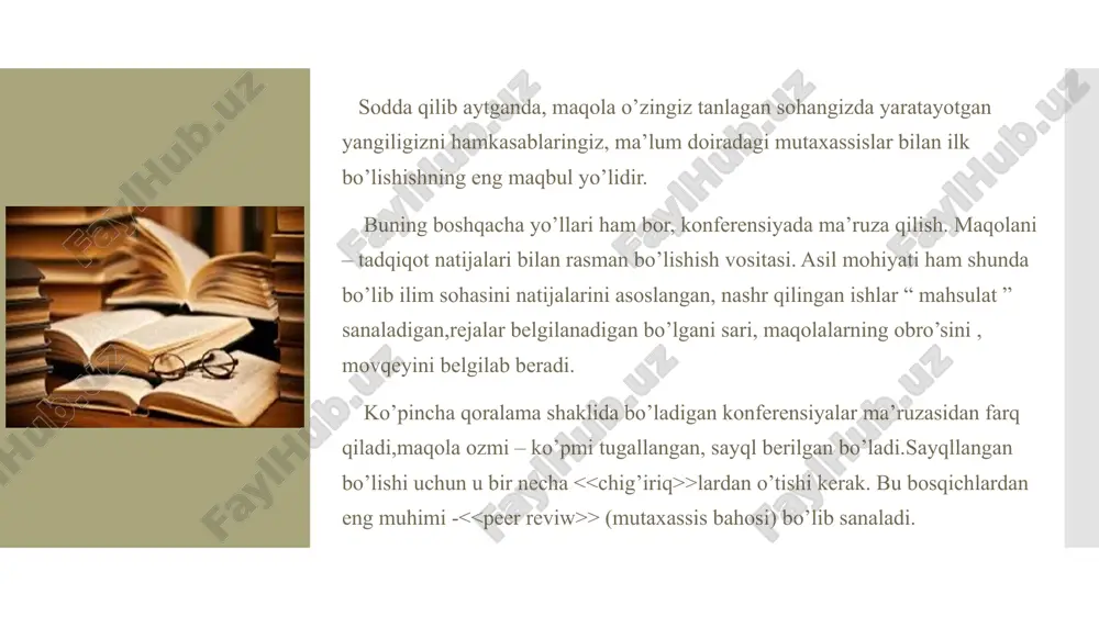 kerak bo’ladi. yozganingiz bilan ish bitmaydi. sizning nazriyangiz yoki g’oyangiz bilan nimasi bilan farq qilishini tushuntirib, solishtirib, isbotlab chiqishingiz kerak bo’ladi birma bir. yangi fikringizni tushuntira olishingiz kerak bo’ladi. buning uchun siz gapni aynan muammolardan boshlab, sizdan oldingi mazvu bo’yicha yozilgan ilmiy ishlar - >larni qisqacha izohlashingiz kerak bo’ladi. shundan so’ng siz o’z kasbingizni mutaxasiligingizni oqlagan holda o’zingiz uchun bir > yaratib olasiz. bu burchak - o’z sohangizdagi sizning joyingizni belgilab turadi. maqolaning asosiy bolimi bo’lib u kirishdagi >ning yechimlari aynan shu bo’limda yoritib beriladi. muammolardan kegin nazariy yoki uslub haqida bo’limlar (tarixdan qo’shish shart emas), asosiy qisimdan kegin misol yoki istot bo’limlari ham bo’ladi. bo’limlarni bir biriga mantiqan bog’lab borasiz. maqolangiz yakunida bo’lim oxirida > bilan tugatasiz. xulosada maqolada aytib o’tilganlarni takrorlab, muallifning asosiy topilmalarini uning yechimlarini qisqacha izohlab otadi. tugallangandan kegin foydalanilgan topilmasi, adabiyotlar va havolalar (shu qilingan ish bo’yicha ) kelririladi. ishingizni qoralamasini tugallaganizdan so’ng, yaqin hamkasiblaringiz, …