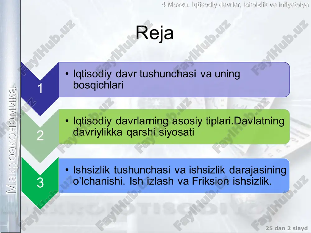 arxlarning pasayishiga va ishlab chiqarish hajmining o’sishiga olib keladi.taklifning kamayishiga olib keladigan uning strukturaviy o’zgarishi as egri chizig’ini as0 dan as2gacha suradi. bu narxlarning oshishiga va ishlab chiqarishning kamayishiga olib keladi. talabning strukturaviy o’zgarishi uning o’sishiga olib keladi va ad egri chizig’ini ad0 dan ad1gacha suradi. bu esa narxlar va ishlab chiqarish hajmining o’sishiga olib keladi.talabning kamayishiga olib keladi-gan uning strukturaviy o’zgarishi ad egri chizig’ini ad0 dan ad2gacha suradi. bu narxlar va ishlab chiqarishning kamayi-shiga olib keladi. p as2 as0 ad as1 q p ad1 ad0 as ad2 q makroekonomika 4 mavzu. iqtisodiy davrlar, ishsizlik va inflyatsiya 25 dan * slayd iqtisodiy faollik o’zgarishining sabablari tashqi iqtisodiyotdan tashqari bo’lgan hodisalar bilan bog’liq. masalan, iqlimning o’zgarishi, urushlar, davlat aralashuvi, yoqilg’i resurslarga jahon narxlarning o’zgarishi . ichki akselerator samarasi va investitsiyalar hajmining o’zgarishi bilan bog’liq makroekonomika 4 mavzu. iqtisodiy davrlar, ishsizlik va inflyatsiya 25 dan * slayd iqtisodiy faollik o’zgarishining sabablari va …