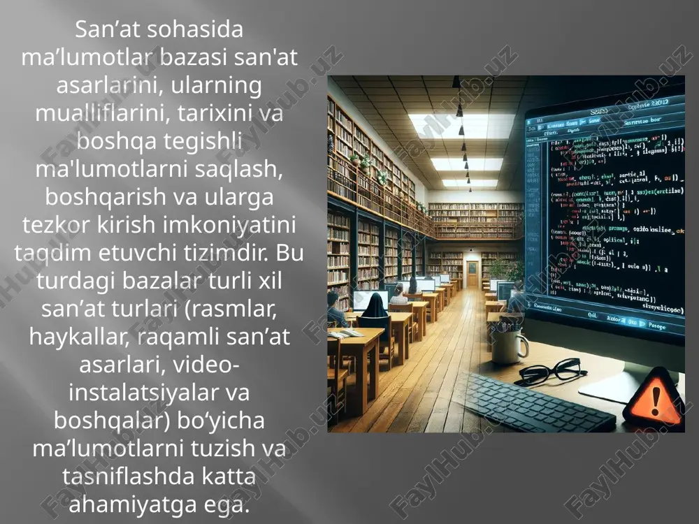 unksiyasi. 4. ma'lumotlar bilan boy ishlash imkoniyatlari qidiruv va filtrlash: foydalanuvchilar kerakli ma'lumotlarni tezkor va samarali topishi uchun keng qidiruv va filtrlash imkoniyatlari. hisobotlar yaratish: ma'lumotlarni vizual ko'rinishda yoki chop etish uchun tayyorlangan formatlarda hisobot shaklida taqdim etish. tahlil vositalari: ma'lumotlarni chuqurroq tahlil qilish uchun grafikalar, jadvallar va diagrammalar yaratish imkoniyati. 7 5. ma'lumotlar integratsiyasi tashqi tizimlar bilan integratsiya: boshqa tizimlar va xizmatlar (api, csv, excel) orqali ma'lumotlarni import va eksport qilish imkoniyati. ma'lumot almashinuvi formatlari: xml, json kabi umumiy formatlarni qo'llab-quvvatlash, bu esa ma'lumotlarni boshqa dasturlar bilan bo'lishish imkonini beradi. 6. o'lchamlilik va kengaytirilish kengaytirish imkoniyati: ma'lumotlar bazasi dasturi ma'lumotlarning hajmi oshganda ham samarali ishlashini ta'minlashi kerak. modullar va plaginlar: dasturga qo'shimcha modullar yoki plaginlar yordamida yangi funksiyalarni qo'shish imkoniyati. 7. ishlash samaradorligi tezkor ishlash: ma'lumotlar bazasi katta hajmdagi ma'lumotlar bilan tezkor ishlashi va qidiruvlar yoki so'rovlar vaqtida kechikishlarni kamaytirishi kerak. keshlash: qayta ishlatiladigan ma'lumotlarni tezkor olish uchun keshlash …