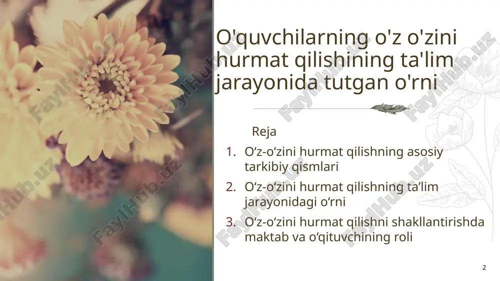 iy yondashish, o‘quvchini jazolamasdan tushunishga harakat qilish. individual yondashuv har bir o‘quvchining yutuqlarini e’tirof etish, shaxsiy fazilatlarini qadrlash. ustuvorliklar va kamchiliklarni muvozanatli baholash. rivojlantiruvchi mashg‘ulotlar psixologik treninglar, o‘zini anglash va baholash bo‘yicha tadbirlar. o‘z-o‘zini tahlil qilishga yo‘naltirilgan topshiriqlar. oilaning roli oila – bola shaxsining shakllanishidagi birinchi muhit. o‘zini hurmat qilish ko‘p hollarda ota-onaning tarbiyasi, munosabati va qo‘llab-quvvatlash darajasiga bog‘liq bo‘ladi zagolovok prezentatsii 7 ota-onaning haddan tashqari tanqidiy yoki befarq munosabati o‘quvchining o‘zini past baholashiga olib keladi. ijobiy, mehribon va rag‘batlantiruvchi muhit esa bolaning o‘ziga bo‘lgan ishonchini oshiradi. o‘z-o‘zini hurmat qilishni oshirish usullari 8 pedagogik amaliyotdan misollar ishonch beruvchi topshiriqlar: o‘quvchining muvaffaqiyatga erishish ehtimoli yuqori bo‘lgan mashqlar orqali u o‘ziga ishonch hosil qiladi. “yaxshi so‘zlar devori”: har bir o‘quvchiga sinfdoshlaridan ijobiy fikrlar yozilgan varaqlar taqdim etiladi. “men kimman?” loyihasi: har bir o‘quvchi o‘zining fazilatlari, orzulari, qiziqishlari haqida taqdimot qiladi. 9 xulosa o‘quvchilarning o‘z-o‘zini hurmat qilishi – ularning shaxsiy, ijtimoiy va akademik …