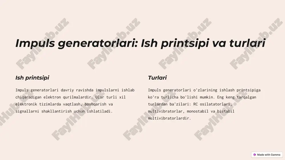 va tahlil qilish uchun muhim rol o'ynaydi. turlari impuls shakllantirgichlari turli xil davrlardan iborat bo'lishi mumkin, jumladan schmitt triggerlari, diferansiatorlar, integratorlar va boshqalar. ularning tanlovi impulslarning xususiyatlariga bog'liq. 5 schmitt triggerlari: impulslarning chegarasini aniqlash ish printsipi schmitt triggerlari o'zgaruvchan kirish signalidan kutilgan chegaradan yuqori yoki pastroq bo'lgan impulslarni ajratib olish uchun ishlatiladi. ularning ishlashi gisterezis effektiga asoslangan. qo'llanilishi schmitt triggerlari shovqinli signallarni filtrlash, tizimlarning sezgirligini oshirish, raqamli signallarni shakllantirish va analog-raqamli konvertorlarda ishlatiladi. 6 diferansiatorlar va integratorlar: impulslarning xususiyatlarini o'zgartirish diferansiatorlar diferansiatorlar impulslarning o'zgarish tezligini aniqlash uchun ishlatiladi. ular tezlikni boshqarish, impulsning boshlanish va tugash vaqtlarini aniqlashda ishlatiladi. integratorlar integratorlar impulslarning vaqtga nisbatan yig'indisini hisoblash uchun ishlatiladi. ular signallarni silliqlash, impulslarning davomiyligini uzaytirish va analog-raqamli konvertorlarda ishlatiladi. 7 taymerlar: vaqtni o'lchash ish printsipi taymerlar elektron tizimlarda vaqtni o'lchash va boshqarish uchun ishlatiladi. ular ma'lum bir vaqt oralig'ida signallarni ishlab chiqarish yoki to'xtatish uchun dasturlash mumkin. turlari taymerlar turli xil turlarda …