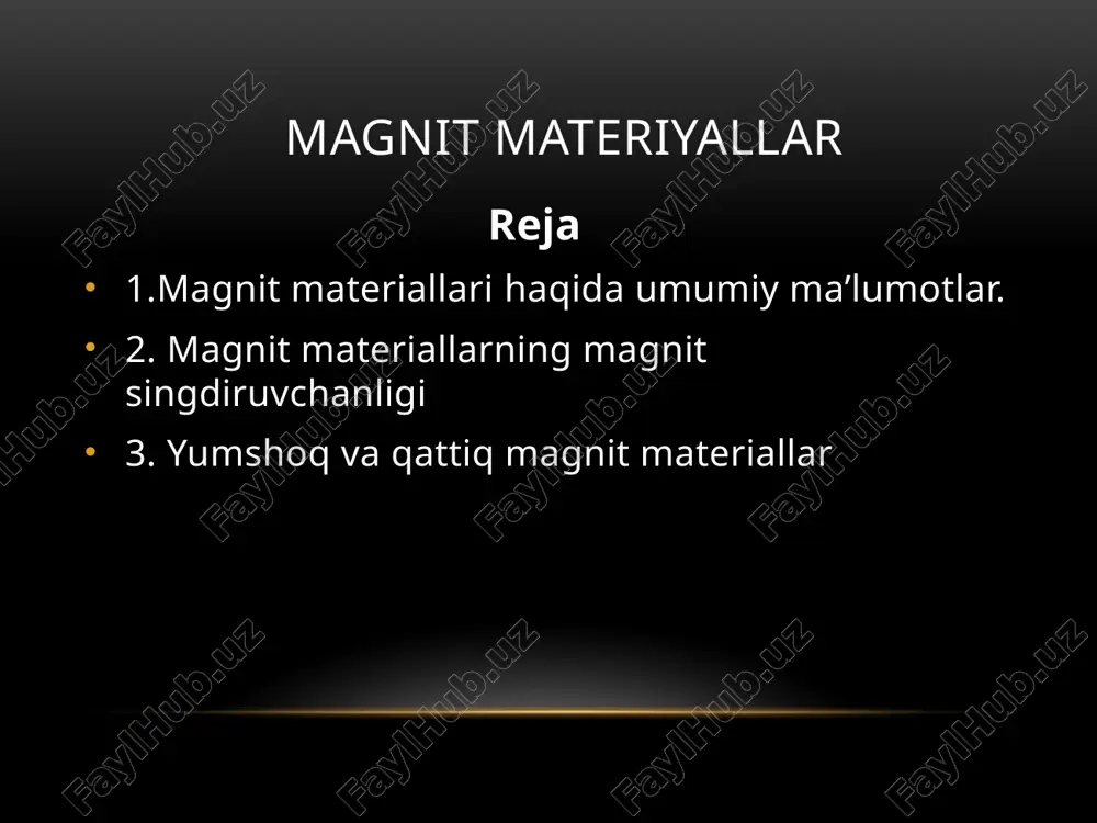 yoki magnit oqimining keskin oshishiga olib keladi. 3. yumshoq va qattiq magnit materiallar. magnit materiallar yumshoq va qattiq turlarga bo’linadi. yumshoq magnit materiallardan magnitli o’tkazgichlar tayyorlanadi. bu materiallarning magnit singdiruvchanligining boshlang’ich qiymati katta bo’lishi kerak. bu materiallarga soft emir, temirning kremniy, nikel va kobalt bilan qotshimalarini misol tariqasida keltirish mumkin. texnik soft emir. (qo’shimchalari 0,1%) oddiy pechlarda olinadi. bu temir o’zgaruvchan tok zanjirida ishlatiladigan elektr magniti yoki rele uchun o’zaklar tayyorlashda ishlatiladi. ular varaq yoki tsilindr shaklda yupqa (0,2-4mm) qilib tayyorlanadi. o’zgarmas tokda ishlaydigan elektr mashinasida qo’llaniladigan temir tarkibida c, si, mn kabi qo’shimchalarning miqdori 1,2-1,5% gacha, kam legirlangan po’lat tarkibida esa c, ni, cr larning miqdori 2,5-5% gacha bo’ladi. bu materiallarda mexanik mustahkamlik o’sishi bilan bir qatorda, magnitlanish xususiyati birmuncha yomonlashadi. qattiq magnit materiallar tarkibi, holati va olinish ussulariga ko’ra quyidagicha tasinflanadi: 1) legirlangan martensit po’latlari; 2) quyma qattiq magnit qotishmalari; 3) kukunlardan tayyorlangan magnit; 4) qattiq magnitli ferritlar; …