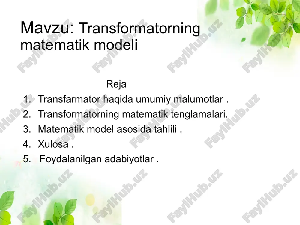 to‘liq yuklama) transformator elektr energiyasini bir kuchlanishdan boshqa kuchlanishgacha o‘zgartiradi. u ikkita chulg‘am (birlamchi va ikkilamchi) va magnit o‘tkazuvchi yadrodan iborat. transformator ishini ifodalovchi matematik tenglamalar quyidagilardan iborat 1. kuchlanishlar nisbati u1/u2=n1/n2 bu formulaga ko‘ra, transformator kuchlanishni chulg‘amlar soniga qarab oshiradi yoki tushiradi. u1 - birlamchi kuchlanish (v, volt) u2 - ikkilamchi kuchlanish (v, volt) n1 - birlamchi chulg‘amlar soni (dona) n2 - ikkilamchi chulg‘amlar soni (dona) agar n2 > n1 bo‘lsa — kuchlanish oshadi agar n2 < n1 bo‘lsa — kuchlanish kamayadi 2. toklar nisbati i1/i2=n2/n1 kuchlanish oshgan sari tok kamayadi, kuchlanish kamaygan sari tok ortadi. i1 - birlamchi tok (a, amper) i2 -ikkilamchi tok (a, amper) 3. quvvat tenglamasi p1 = p2 yoki u1 * i1 = u2 * i2 ideal transformatorda kirish va chiqish quvvatlari bir xil bo‘ladi. p1 , p2 quvvat (w, vatt) real transformatorlarda: p2 = p1 - a p a p yo‘qotish quvvati (issiqlik, …