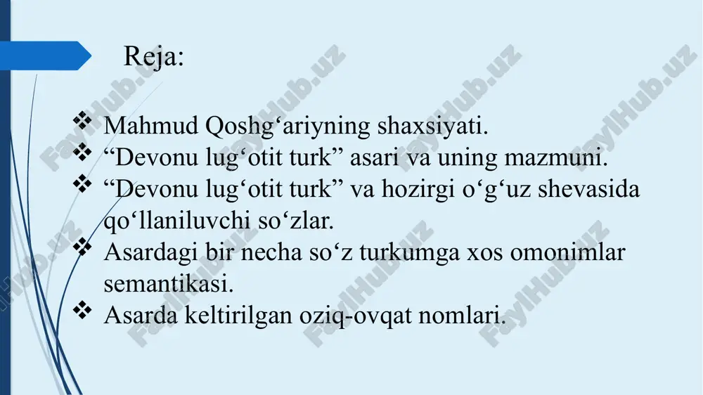 iy va tarixiy-adabiy manbalarda mahmud koshg‘ariy hayoti haqida nihoyatda kam ma’lumot saqlanib qolgan. ma’lumki, u 1008-yilning boshida qoshg‘ar shahri yaqinidagi o‘pal qishlog‘ida tug‘ilgan. 1105-yilda 97 yoshida olamdan o‘tgach, o‘paldagi ajdodlari maqbarasiga dafn qilingan. orasida qanday boʻgʻliqlik mavjud? o'zbekistonda «devon»ga oid ilk tadqiqot ishlarini olib borgan olim abdurauf fitrat hisoblanadi. uning «devon» bo'yicha yaratgan tadqiqotlari, kuzatishlarini nafaqat o'zbek ilmida, balki turkiyshunoslikdagi eng muhim ishlardan deb baholash mumkin. abdurauf fitrat o'zining bir necha asarlarida «devon»ga munosabat bildirgan, o'zbek tili tarixining bevosita shu asarga borib taqalishini birinchi bor qayd etgan. misollarga murojaat etaylik. fitrat «sarf» asarida «devon» tili «qutadg'u bilig», «hibat ul-haqoyiq» va ahmad yassaviy hikmatlari tili bilan juda yaqinligi, keyinchalik chig'atoy tili deb nomlangan tilga asos bo'lganligini qayd etgan. olim bunday fikrni «eng eski turk adabiyoti namunalari» asarining «so'zboshi»sida ham alohida urg'ulab o'tgan: «sarf»imning boshlang'ichida yozganim kabi xoqoniy turkchasi yoki turkcha atalgan mana shu adabiy shevaning besh asr keyingi shakli chig'atoychadir... bu …