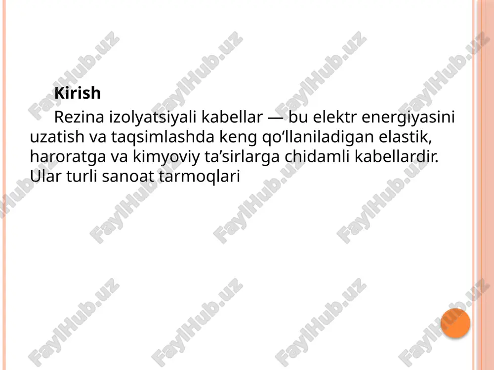 rli sharoitlarda keng qo‘llaniladi: qurilish: qurilish maydonlarida vaqtinchalik elektr tarmoqlari. zavod va fabrikalar: harakatdagi mexanizmlar, mashinalar. temir yo‘l transporti: vagonlar ichidagi harorat bardoshli kabellar. kimyo sanoati: kimyoviy moddalarga chidamli izolyatsiya tufayli. afzalliklari yuqori elastiklik — egilishi oson. harorat bardoshliligi. mexanik va kimyoviy ta’sirlarga chidamli. harakatdagi (mobil) ob'ektlar uchun ideal. kamchiliklari narxi nisbatan yuqoriroq. vaqt o‘tishi bilan rezina elastikligini yo‘qotishi mumkin. uzoq muddatli tashqi muhit ta’siriga doimiy duch kelsa, yorilishi mumkin. xulosa rezina izolyatsiyali kabellar yuqori ishonchlilik, elastiklik va universal qo‘llanilish imkoniyatlari bilan ajralib turadi. ular energiya tizimlarida, ayniqsa sanoat, qurilish va transport tarmoqlarida muhim o‘rin egallaydi. har qanday sharoitda foydalanishdan avval kabelning texnik xususiyatlari va qo‘llanish sohasiga mosligi albatta tekshirilishi lozim. image2.png image3.png image4.png /docprops/thumbnail.jpeg