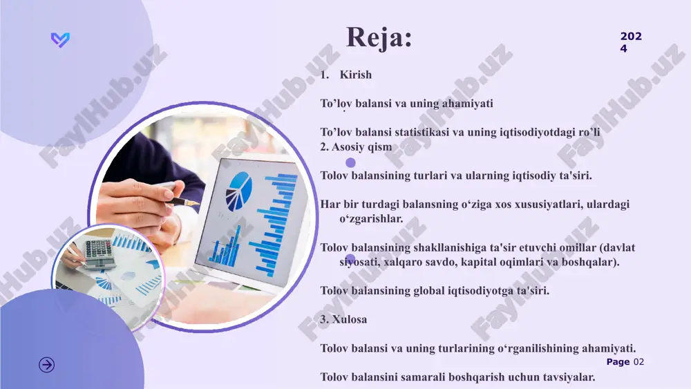 financial account balance): bu bo‘lim to‘lovlar va investitsiyalar (to‘g‘ridan-to‘g‘ri investitsiyalar, portfel investitsiyalari, qarzlar va boshqa moliyaviy oqimlar) bilan bog‘liq operatsiyalarni o‘z ichiga oladi. 2024 page 07 2024 daromadlar balansi (income balance): daromadlar balansi, mamlakat fuqarolarining xorijdan olingan daromadlari va xorijiy investorlarga to‘lanadigan daromadlar o‘rtasidagi farqni ko‘rsatadi. bu balansi, asosan, investitsiyalar va migratsiya bilan bog‘liq o‘zgarishlarni ko‘rsatadi. misol: agar xorijiy kompaniyalar o‘zbekistonda investitsiyalarni amalga oshirsa, ular o‘z daromadlarini mamlakatdan chiqarib oladi. bu daromadlar balansi defitsitini yaratishi mumkin. page 08 2024 kapitallar va moliyaviy operatsiyalar balansi (capital and financial account balance): bu bo‘limda mamlakatlar o‘rtasidagi kapital oqimlari, to‘g‘ridan-to‘g‘ri investitsiyalar, portfel investitsiyalari, davlat qarzlari va boshqa moliyaviy operatsiyalarni ko‘rib chiqish mumkin. mamlakatning moliyaviy tizimi va xalqaro kapital oqimlari bu balansga bevosita ta’sir qiladi. misol: agar bir mamlakatda yuqori darajadagi to‘g‘ridan-to‘g‘ri investitsiyalar amalga oshirilsa, bu moliyaviy operatsiyalar balansining salf bo‘lishiga olib keladi. o‘zbekiston kabi rivojlanayotgan mamlakatlar ko‘pincha to‘g‘ridan-to‘g‘ri investitsiyalarni jalb qilish orqali iqtisodiy o‘sishga …