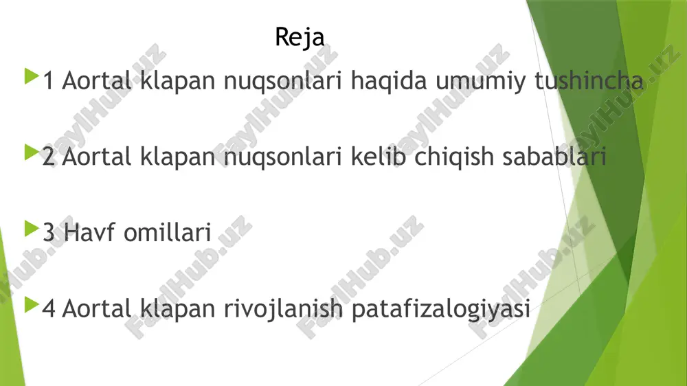 olaligida revmatik isitmani boshdan kechirishgan, ammo bu har doim ham yurak shikastlanishini anglatmaydi. turli kasalliklar. boshqa noyob kasalliklar aorta qopqog'ining deformatsiyasiga va regurgitatsiyaning rivojlanishiga, shu jumladan marfan sindromiga olib kelishi mumkin. jarohatlar. aorta qopqog'i sohasidagi aortaning shikastlanishi, masalan, ko'krak qafasidagi shikastlanishlar ham qon oqimining buzilishiga olib kelishi mumkin. havf omillari *keksa yosh *tug'ma yurak nuqsonlari *yuqumli yallig'lanish bilan kasalanish oqibatida kelib chiqishi mumkin *buyrak kasalligi *agar bemor saraton kasalligi uchun radioterapiya bilan davolangan bo'lsa: asorati: aorta qopqog'idagi nuqsonlar bo’lishi mumkun *yurak xuruji yoki miokard infarkti *yurak ritmining buzilishi agar bu havf omillar oz vaqtida aniqlanib tegishli chora tadbir ko’rilmasa o'lim, bunda odamda hamma narsa juda tezlik bilan ro’y beradi va juda tez o'limga olib keladi, bu to'satdan o'lim sindromi deb ataladi. aortal klapan rivojlanish patafizalogiyasi aorta stenozining patofiziologiyasi aorta etishmovchiligi aorta stenoz bilan birga bo'lishi mumkin va klinik jihatdan ahamiyatli.aorta stenoz bilan og'rigan bemorlarning taxminan 60% 60 yoshdan oshgan. aorta …