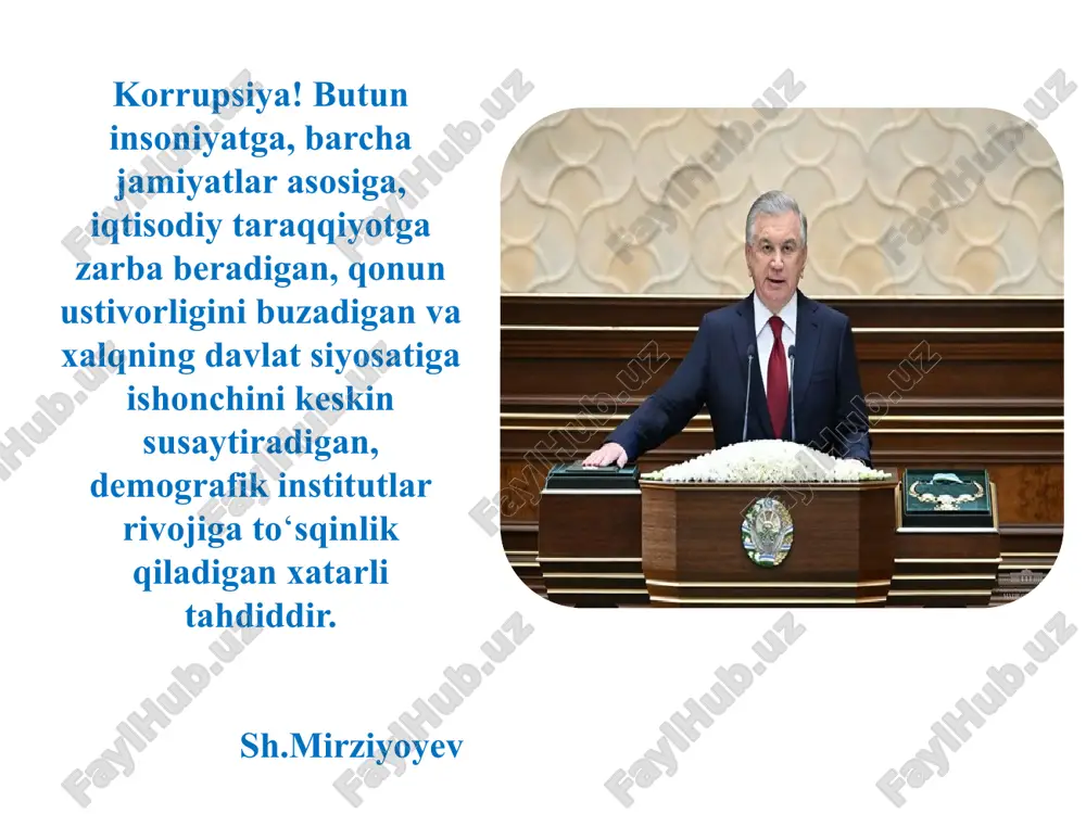 hamidulla shuxrat o‘g‘li ta’lim muassasini rivojlantirish va o‘quv tarbiya jarayonini boshqarish. metodik ko‘rsatma. toshkent 2024 ta’lim tizimida korrupsiyaga qarshi kurashish - bugungi kunning dolzarb masalasidir! maqola 2021-yil madumarov talantbek tolibjonovich andijon davlat universiteti ijtimoiy iqtisodiyot fakulteti dekani, yu.f.d., professor maktabda korrupsion holatlarga olib boruvchi omillarni bartaraf etish. maqsad vazifalar korrupsiyani emas, unga olib boruvchi yo‘lni yopish yoshlarimizni korrupsiyaga tobe bo‘lmaslik,“ikkinchi yo‘l botqoqqa yetaklaydi” kabi shiorlar asosida vatanparlik ruhida tarbiyalash yoshlarda korrupsiyaga nisbatan toqatsiz munosabatni shakllantirish yaponiya xorijiy tajriba kanadada xodimlarni haqdorlik ruhida tarbiyalash, moliyaviy shaffoflikni ta’minlash va fuqarolik jamiyati ishtirokini kuchaytirish korrupsiyaga qarshi kurashishda muhim o ‘rin tutadi. latviya ta’lim tizimida yoshlar o‘rtasida halol va vijdonli bo‘lishni targ‘ib qilishga, korrupsiya va poraxo‘rlikning zararlari haqidagi tushunchalarni shakllantirishga imkon beradigan loyiha ishlab chiqqan. meksikada ta’lim tizimi mamlakatning boy madaniy xilma-xilligini qadrlaydi va o‘quvchilarga turli madaniyatlar ,hamda huquqiy madaniyatlar haqida bilimlar berib boriladi maktabda huquqiy bilim yetarli darajada berilmaydi. ta’lim muassasalarida umumiy foydalanish …