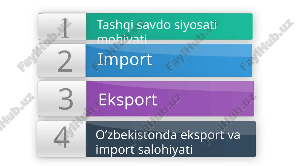 rish uchun chet el tovarlari, xizmatlar, texnologiyalar, kapitallar, qimmatli qogozlar va b. keltirish. aytaylik, import tariflari joriy qilingunga qadar ichki ishlab chiqarish hajmi s1, ichki talab hajmi esa d1 teng bo’lgan. talab va taklif o’rtasidagi farq (d1-s1) import hisobiga qoplangan. mamlakat iqtisodiyoti yopiq bo’lganida baholar darajasi re ga teng, talab va taklif muvozanati esa ye nuqtada o’rnatilgan bo’lar edi. mamlakat iqtisodiyoti ochiq bo’lgani va importga cheklovlar yo’qligi tufayli milliy bozordagi narxlar jahon bozori narxlari pw bilan bir xil. importga tarif joriy qilinishi natijasida ichki baholar pw dan pd ga qadar ko’tariladi. natijada: pd = pw+( pw× tarif stavkasi) business infographic ishlab chiqarish subsidiyasining tariflardan afzalligi shundan iboratki, u bir tomondan, milliy ishlab chiqarishni o’sishini ta’minlasa, ikkinchi tomondan, iste’molning mutlaq kamayishiga olib kelmaydi. chunki, ichki narxlar jahon narxlaridan qimmatlashmaydi. miliy ishlab chiqaruvchilarni xorijiy firmalar raqobatidan himoya qilishning muqobil usuli ularga bevosita subsidiya berish hisoblanadi. jahon amaliyotida tashqi iqtisodiy faoliyatni tartibga solishning …