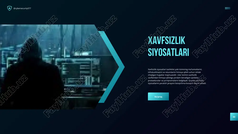 tga ulanishni sinab ko‘radi va port ochiq yoki yopiq ekanligini ko‘rsatadi. natijalar agar port ochiq bo‘lsa: [ochiq] port x deb chiqadi. agar port yopiq bo‘lsa: [yopiq] port x deb chiqadi. port xavfsizligi 192.168.10.01 @cybersecurity077 portlar kiberxavfsizlikda muhim rol o‘ynaydi: ochiq portlar: xavfsizlikka tahdid tug‘dirishi mumkin. masalan, zararli hujumlar (port scanning yoki ddos) ochiq portlar orqali amalga oshiriladi. yopiq portlar: tashqi ulanishlar uchun yopilgan va xavfsizroq hisoblanadi. firewall: portlarni boshqarish uchun ishlatiladi, ya’ni qaysi portlar ochiq, qaysilari yopiq bo‘lishini aniqlaydi. rahmat @cybersecurity077 image1.png image2.svg image3.png image4.svg image5.png image6.png image7.png image15.png image8.jpeg image9.png image10.svg image11.png image12.svg image13.png image14.png /docprops/thumbnail.jpeg