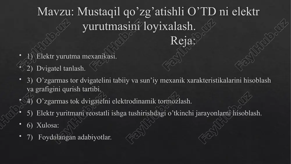 ish qurilmasini olishni, dvigatelni qizishi va yuklanish qobiliyati bo’yicha tekshirishni, ochiq elektr yuritma tizimlarini loyihalashni o’rganadi. dvigatel tanlash ishchi mexanizmining yuklanish diagrammasi mc,nm 420 230 400 200 200 300 100 ωm =90 rad\sek t, sek 600 300 150 60 150 200 60 jm=6 kg*m2 elektr yuritmaning ish rejimi _ davomiy uzatma-pogonali reduktor, ηr=0,96 dvigatel turi – mustaqil qozgatishli o’td dvigatel quvvatini ekvivalent static moment boyicha aniqlash mumkin = = =370,79nm ishchi mexanizm validagi quvvat: pm = mc.ek∙ωm = 370,79*90=33 371 vt elektrodvigatelni hisobiy quvvati: pd = pm / ƞr = 33 371/0,96 =34 761 vt hisobiy quvvat bo’yicha katalogdan tezligi va quvvati yaqin bo’lgan dvigatel olinadi: ωh> ωm =157 >90 , ph ≥ pd =38 000 ≥34 761 dvigatel tipi –dp 52 nominal quvvati ph = 38 kvt; nominal aylanish tezligi nh = 1020 ayl/min; nominal toki ih = 193 a; siltash moment gd2 = 2,6 kg∙m2 mexanizmni yuklanish diagrammasi. …