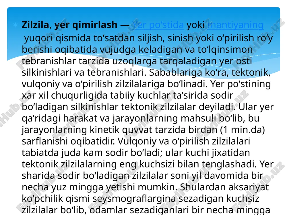 epitsentri deyiladi. epitsentr va gipotsentr oraligʻidagi masofa zilzilaning yer yuzidan chuqurligini koʻrsatadi. zilzila oʻchogʻi oʻrta osiyo hududida, aksariyat hollarda, yer sathidan 5-50 km chuqurlikda joylashgan boʻladi. yer sharining maʼlum hududlarida zilzilalar oʻchogʻi 200— 300, hatto 700 km gacha chuqurlikda boʻlishi ham mumkin. gyandja zilzilasi gyandja zilzilasi — hozirgi ozarbayjon hududining gyandja shahri yaqinidagi 1139-yili 30-sentabr kuni boʻlgan 11 ballik zilziladir. oqibatda 230 ming kishi halok boʻldi, 8 ta koʻl hosil boʻldi (geygel ko'li). bu zilzila tarixdagi eng falokatli 5 zilzilalar toifasiga kiradi. buyuk xitoy zilzilasi buyuk xitoy zilzilasi (xit. 嘉靖大地震) — shensi provinsiyasida 1556-yil 23-yanvar kuni sodir boʻlgan. salkam 830 000 kishi halok boʻldi. epetsentr vey daryosi vodiysida boʻlib, xuasyane shahri butkul yoʻq boʻldi. 20 mlik yoriqlar paydo boʻldi, 500 kmlik hududga zilzila taʼsir koʻrsatdi. zilziladan soʻng ancha vaqt aftershok holati kuzatildi. yamayka zilzilasi 1692-yilning 7-iyun kuni tahminan 11:43 da port-royal shahrida sodir boʻlgan. 2 ming kishi tsunami oqibatida, 3 …