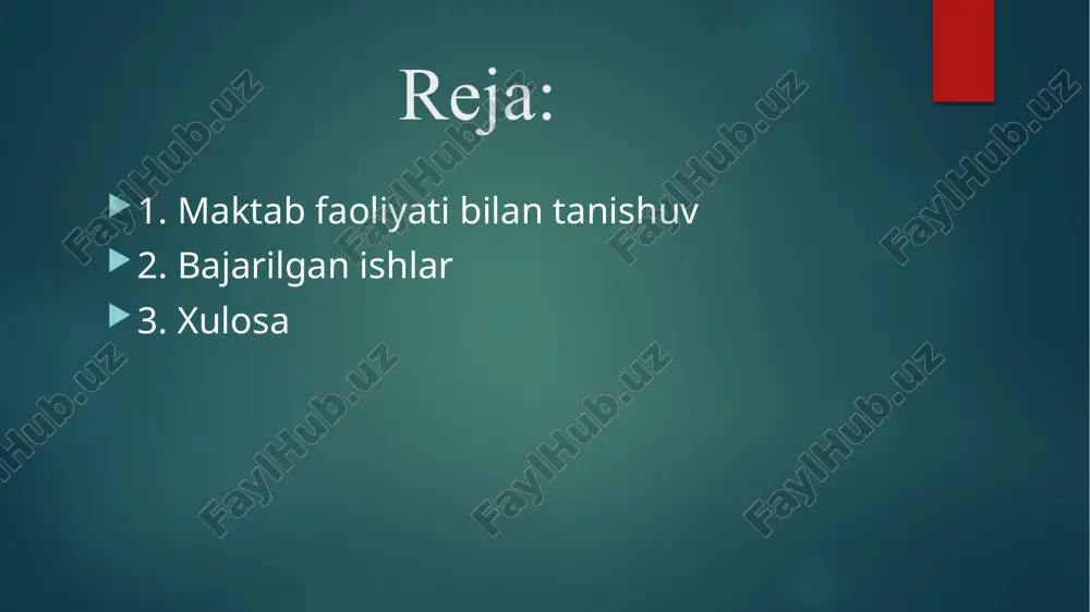 ologik profilaktik ishlarni qayd etish daftari kasb-hunarga yo‘naltirish bo‘yicha chora-tadbirlar rejasi va xisobotlar psixologning individual va guruhiy maslaxatlarni qayd etish daftari voyaga etmaganlar o‘rtasida jinoyatchilik, huquqbuzarlik va o‘z joniga qasd qilishni oldini olish bo‘yicha ish rejasi va xisobotlar umumiy o‘rta ta‘lim maktabi psixologlari o‘quvchilarni muassasalarda tarbiyalash va o‘qitish jarayonida ruxiy, jismoniy (somatik) va ijtimoiy farovonligini muxofaza qilishga yo‘naltirilgan kasbiy faoliyatini amalga oshorishda quyidagi xujjatlarni yuritishi kerak 1-sinfga moslasholmagan o‘quvchilar bilan individual ishlash jarayonidan lavha 1-sinfga yangi kelgan bolalarning taʼlim jarayoniga moslashishi turli sabablarga koʻra qiyin kechishi mumkin. bunday oʻquvchilar bilan ishlash uchun quyidagi uslublar samarali boʻladi: 1. moslashish muammolarining sabablarini aniqlash • akademik qiyinchiliklar – harf tanimaslik, yozish va oʻqishda qiynalish. • psixologik omillar – maktab muhitiga oʻrganolmaslik, hadik, stress. • ijtimoiy omillar – doʻst orttira olmaslik, tartibga moslashishda qiyinchilik. • fiziologik sabablar – nutq nuqsonlari, tez charchash, diqqatni jamlay olmaslik. 3. insonparvarlik yondashuvi • bolani qattiq tanqid qilish va …