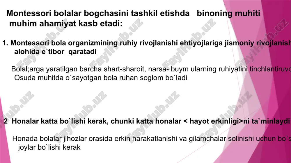 yiladigan kiyimlar bo`lishi; bunday muhitda boladagi faollik buyruq bilan emas, charchoqsiz bajariladigan mashgulotlar bilan takomillashtiriladi montessori bogchasining ikkinchi tajribasi didaktik materiallardir. bu materiallar bir necha qismga b`olinadi his tuygylarni tarbiyalashga mo`ljallangan yozish va o`qishni o`rgatuvchi hisobni o`rgatuvchi tarbiyachi vaqti-vaqti bilan bolalarga “ tartib”, “ jimlik” va “hushmuomalalik” darslarini tashkil etadi unga ko`ra, bolaga honaga kirib chiqishda eshikni qarsillatib yopmaslik, o`rniga asta o`tirish, narsalarni bir-birlariga muloyimlik bilan uzatishga odatlantirib boriladi ba`zida tarbiyachi bolalarni birma-bir yoniga chaqirib, qulogiga ular bajarishi kerak bo`lgan vazifalarni aytadi. m: “ doska oldidagi stulga o`tir”, “ menga qalamni olib kel”. e’tiboringiz uchun rahmat image1.png image2.png image3.jpeg image4.png image5.jpeg image6.jpeg image7.png image8.jpeg image9.jpeg image10.png image11.png image12.png /docprops/thumbnail.wmf mariya montessori bolalar bogchasini tashkil etish reja 1 montessori bolalar bogchasida rivojlantiruvchi muhitni tashkil etish ( zonalar) 2 montessori bolalar bogchasida mashgulotlarni tashkil etish 3 tinchlik, jimlik hurmat darslari